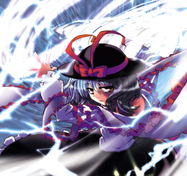 hiyorimi, nagae iku, touhou, 1girl, blue hair, female focus, hat, lightning, ribbon, short hair, solo