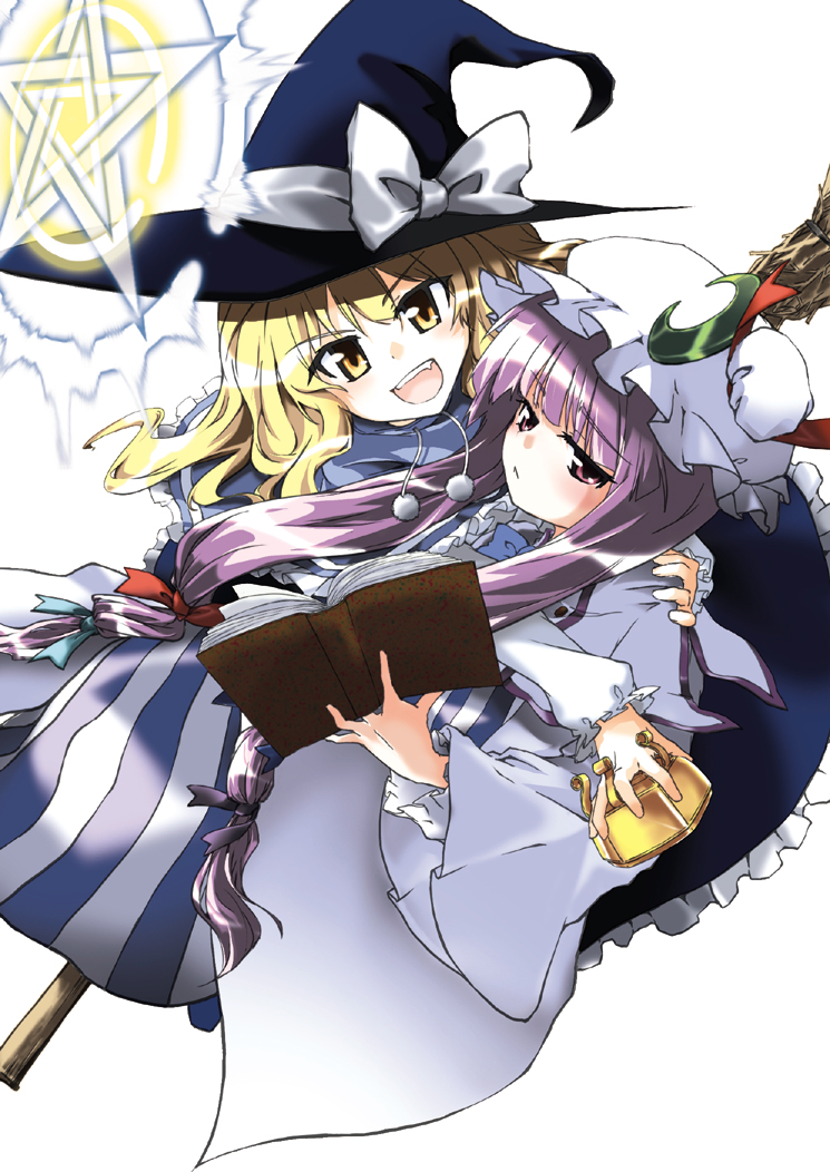 hiyorimi, kirisame marisa, patchouli knowledge, touhou, 2girls, :<, blonde hair, book, broom, female focus, hat, long hair, magic circle, mini-hakkero, multiple girls, open mouth, pentagram, purple eyes, purple hair, witch, witch hat, yellow eyes