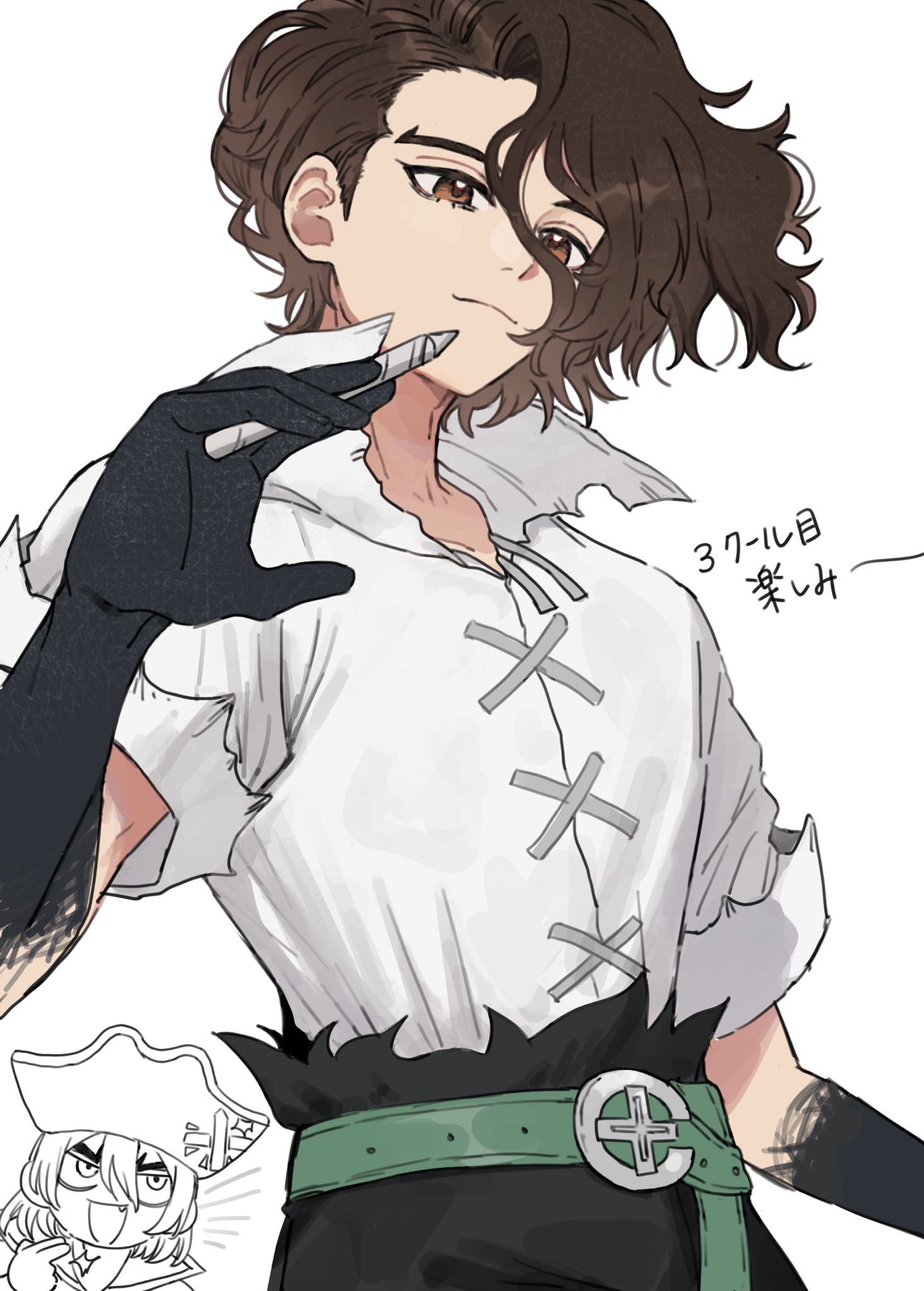 nanami ryuusui, nanami sai, dr. stone, highres, 1boy, belt, black gloves, black pants, brown eyes, brown hair, chibi, chibi inset, collar, collarbone, curly hair, gloves, green belt, hair between eyes, hat, holding, holding pen, kani diggy, male focus, pants, pen, pirate, pirate hat, pointing, pointing at self, shirt, short hair, simple background, smile, solo focus, thick eyebrows, white background, white shirt