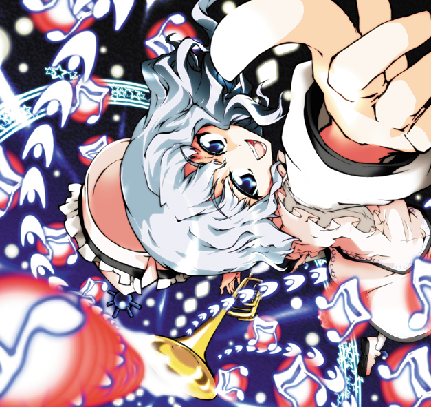 hiyorimi, merlin prismriver, touhou, 1girl, danmaku, female focus, hat, instrument, musical note, solo, trumpet