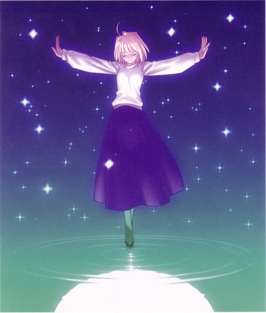 takeuchi takashi, arcueid brunestud, tsukihime, type-moon, artist request, official art, 00s, 1girl, ahoge, arms at sides, black pantyhose, blonde hair, closed eyes, dress, female focus, full moon, glitter, glowing, long skirt, long sleeves, moon, outstretched arms, pantyhose, reflection, ripples, shoes, short hair, skirt, smile, solo, spread arms, sweater, turtleneck, water