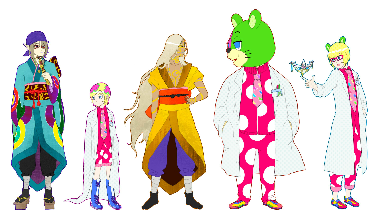nokko (noroma), irabu ichirou, kusuriuri (mononoke), kusuriuri (shingi) (mononoke), kuuchuu buranko, mononoke, trapeze, blue footwear, 00s, 5boys, bandana, bear, blonde hair, blue eyes, boots, crossover, dark-skinned male, dark skin, doctor, dual persona, facepaint, geta, glasses, japanese clothes, kimono, looking at another, makeup, male focus, multicolored hair, multiple boys, obi, pointy ears, sash, sheath, sheathed, tabi, trap