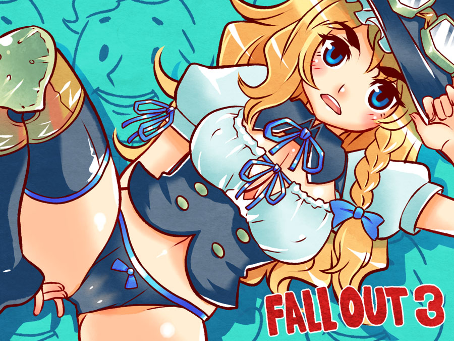 tsuutenkaaku, kirisame marisa, vault boy, fallout, fallout 3, touhou, 1girl, blonde hair, blue eyes, bow, bow panties, braid, breasts, cleavage, female focus, goggles, hat, knee pads, navel, panties, solo, thighhighs, underwear, witch, witch hat