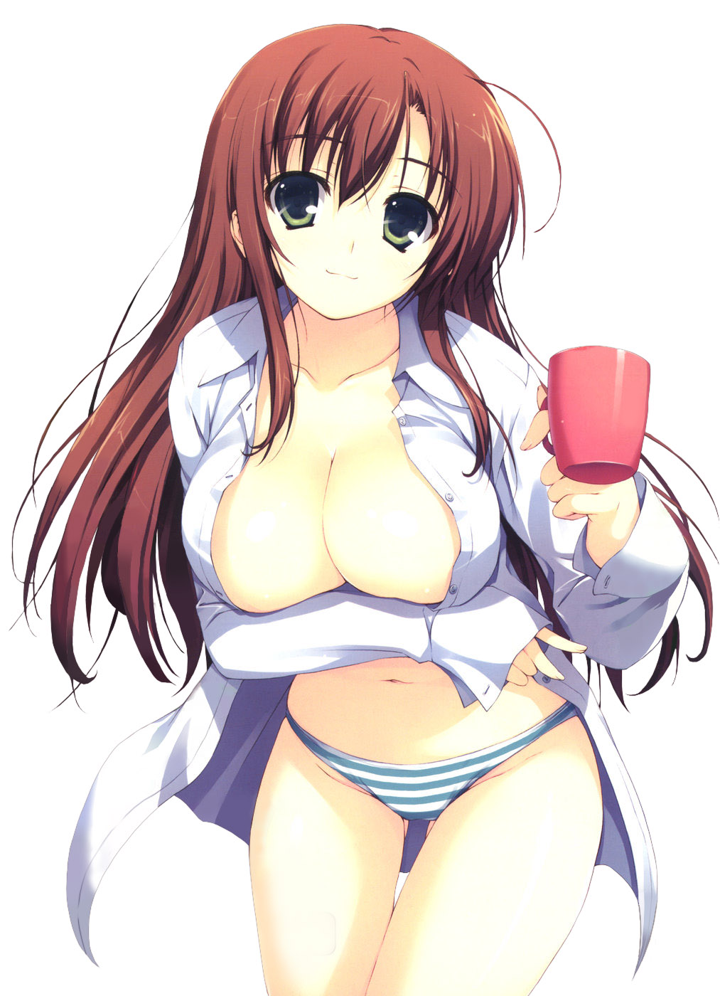 tomose shunsaku, breast hold, highres, 1girl, breasts, cleavage, cup, female focus, green eyes, huge breasts, large breasts, long hair, mug, open clothes, open shirt, panties, red hair, shirt, solo, striped clothes, striped panties, underwear