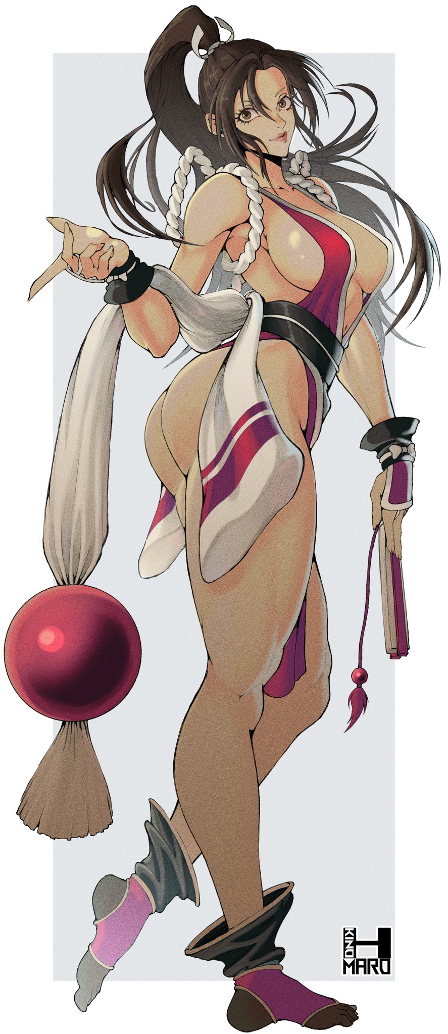 kinohmaro, shiranui mai, fatal fury, the king of fighters, commentary, highres, 1girl, ass, bare legs, bare shoulders, black hair, border, breasts, brown eyes, brown hair, closed mouth, collarbone, from side, full body, hair ornament, hand fan, high ponytail, holding, holding fan, knees, large breasts, lips, long hair, looking at viewer, motoyui, ninja, obi, parted bangs, ponytail, revealing clothes, rope, sash, signature, solo, thighs, white border