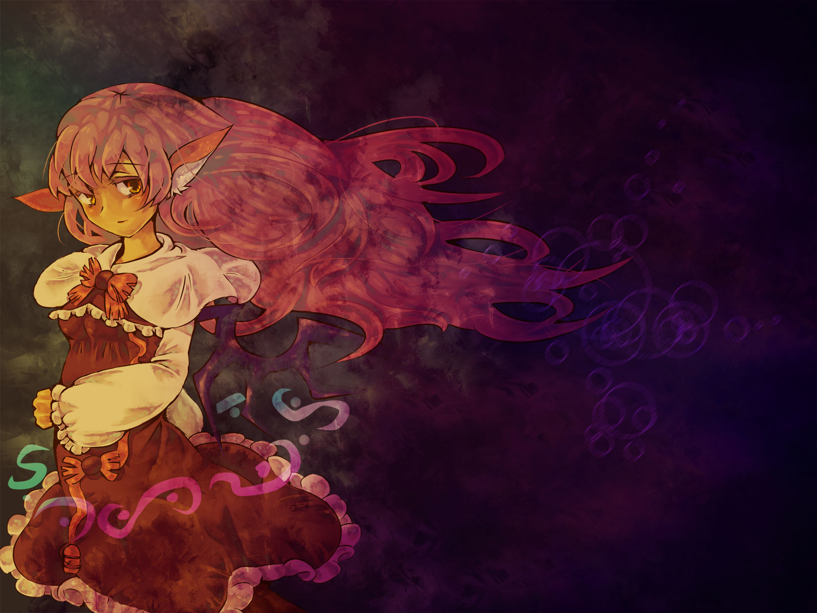 kawachi (hina), mystia lorelei, touhou, highres, 1girl, alternate hairstyle, animal ears, embellished costume, female focus, long hair, pink hair, red eyes, solo, wings