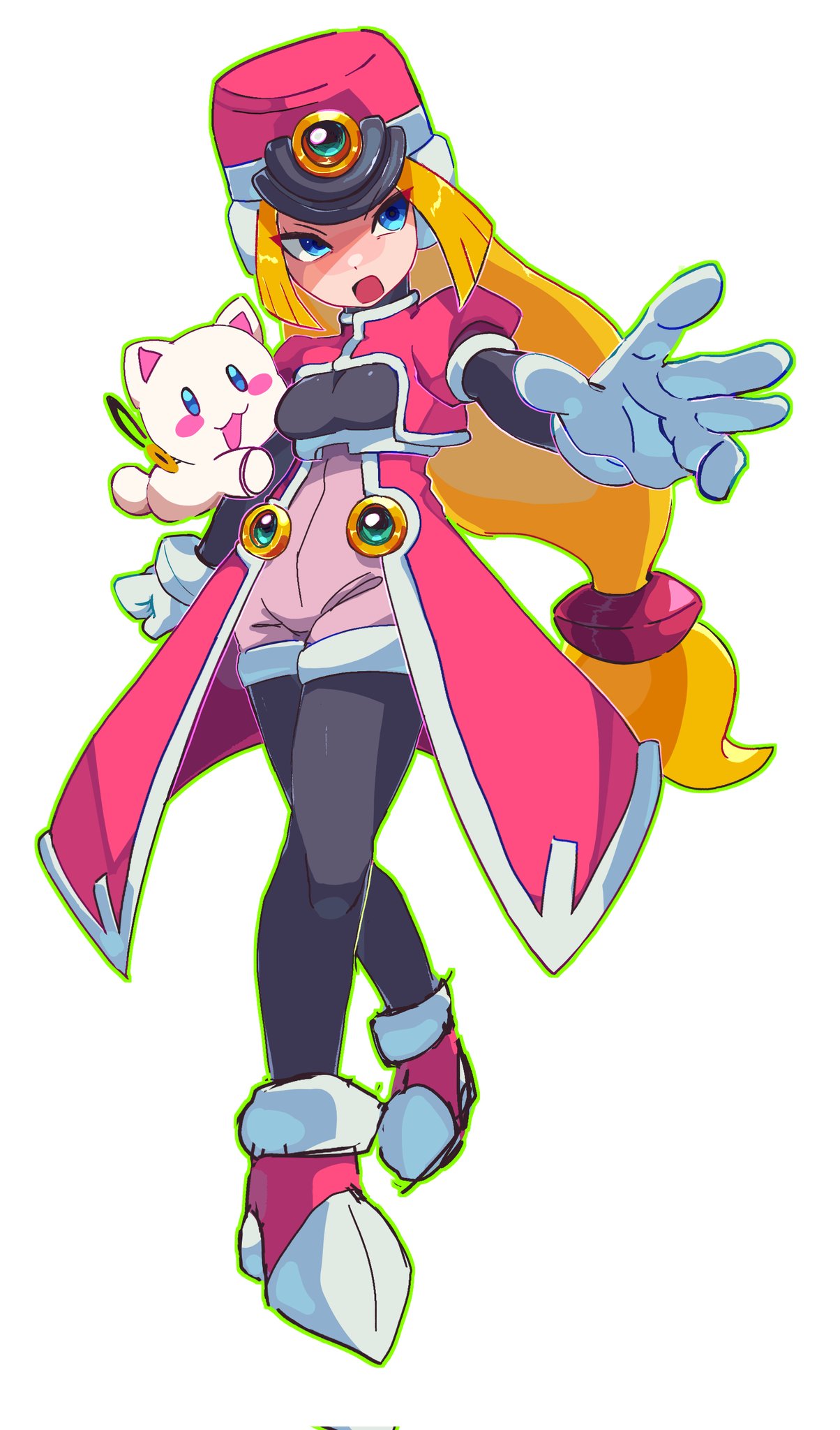 prairie (mega man), mega man (series), mega man zx, highres, 1girl, black bodysuit, blonde hair, blue eyes, bodysuit, breasts, coat, full body, hat, high-waist shorts, long hair, pink coat, pink hat, pink shorts, shako cap, shorts, solo, stuffed animal, stuffed cat, stuffed toy, weezcore