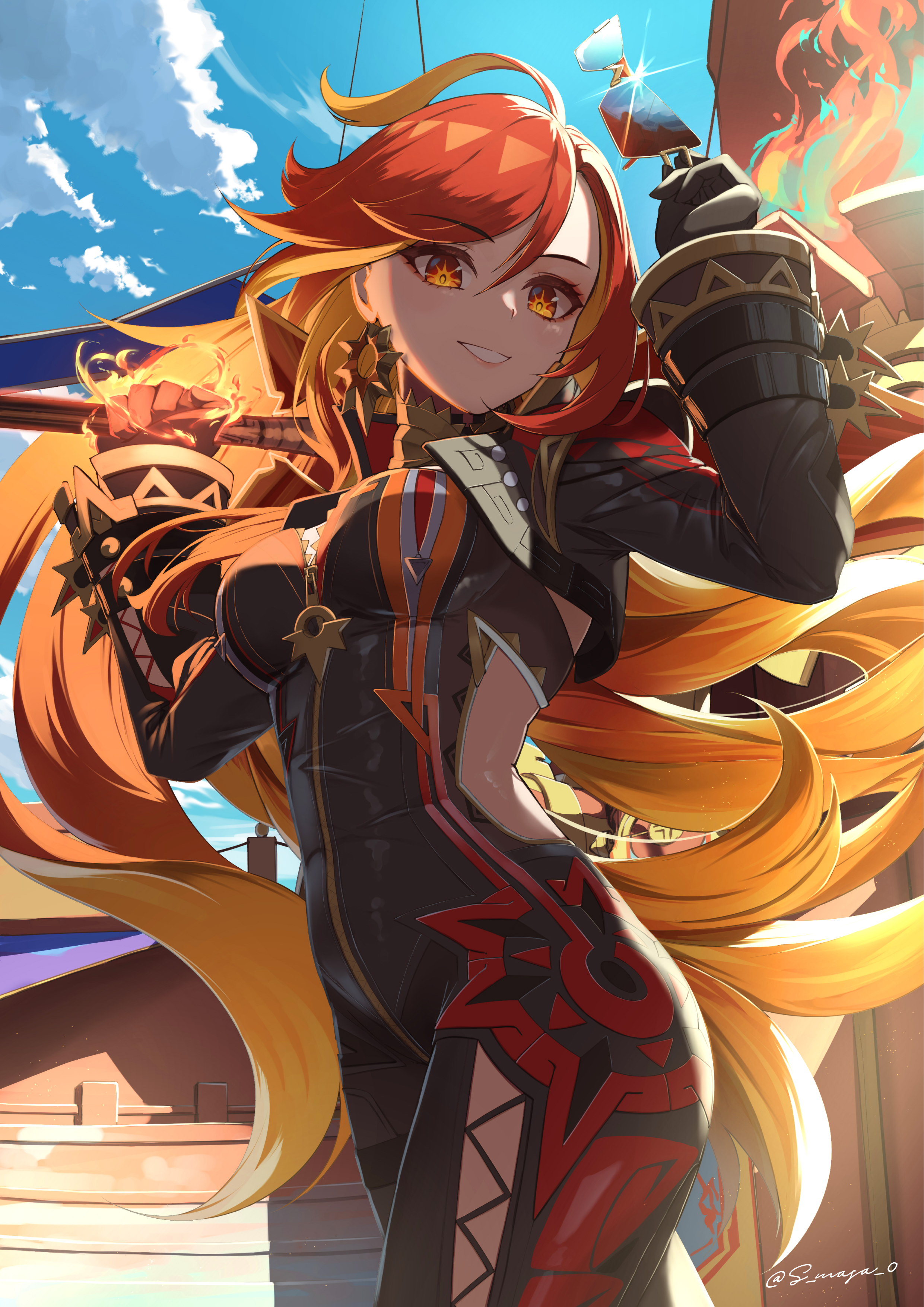 s-masa 7131, mavuika (genshin impact), genshin impact, absurdres, highres, 1girl, ahoge, black gloves, breasts, flaming hand, gloves, grin, holding, holding removed eyewear, huge ahoge, leather suit, long hair, looking at viewer, medium breasts, multicolored hair, orange eyes, orange hair, red hair, scenery, signature, skin tight, smile, solo, standing, sunglasses, symbol-shaped pupils, unworn eyewear, very long hair