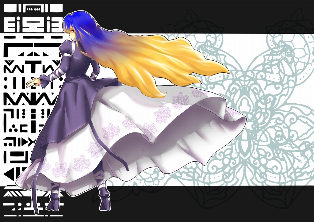 akimegu m, gohitsuki, hijiri byakuren, touhou, md5 mismatch, resolution mismatch, source larger, 1girl, dress, female focus, gradient hair, high heels, long hair, multicolored hair, shoes, solo, yellow eyes