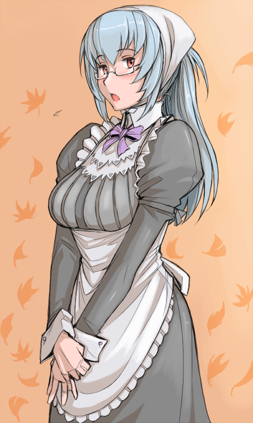 tsuda nanafushi, suigintou, rozen maiden, silver hair, 00s, 1girl, aged up, breasts, cowboy shot, female focus, glasses, large breasts, maid, own hands together, red eyes, solo