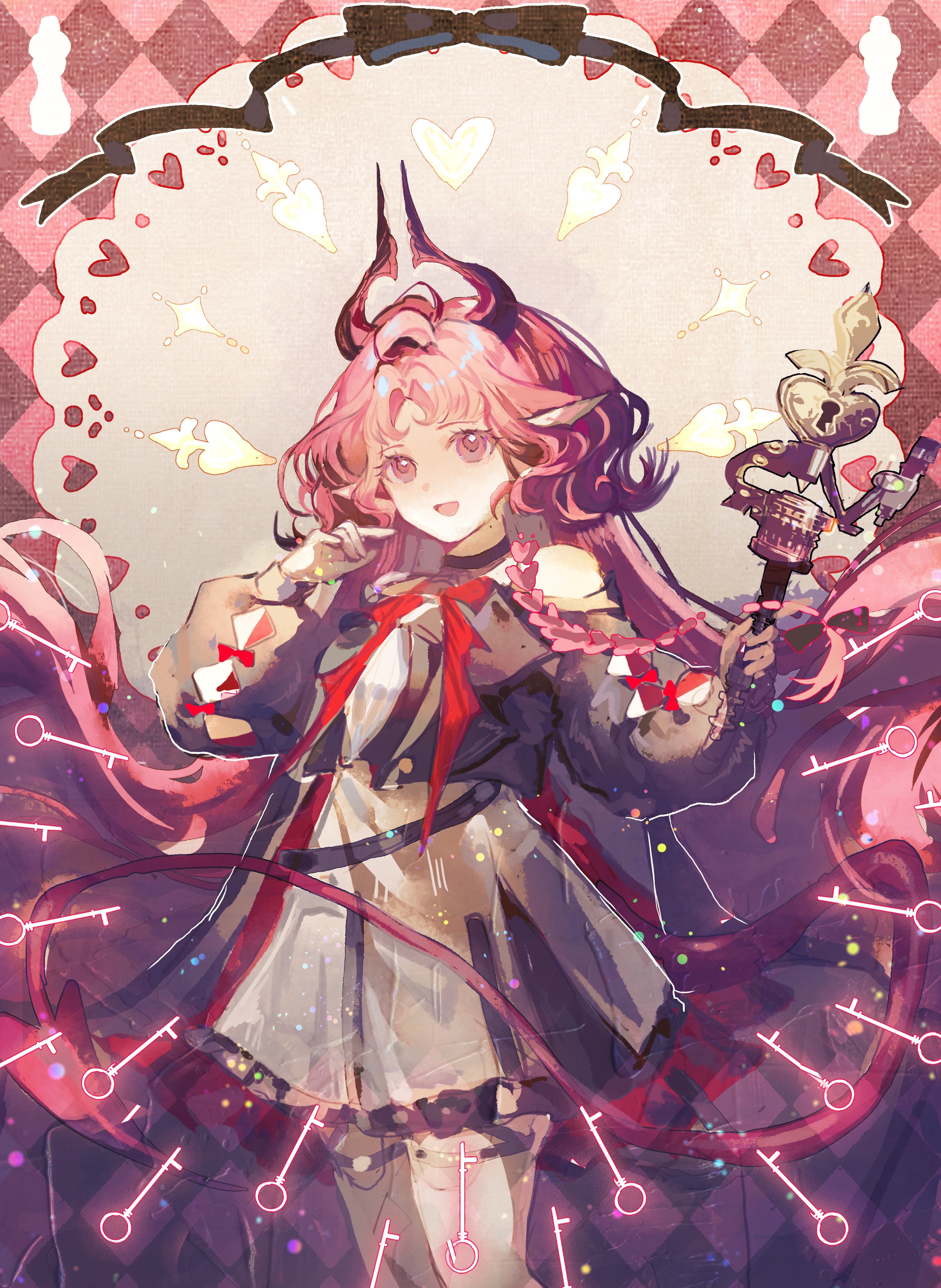 enderrabbit, nymph (arknights), arknights, absurdres, chinese commentary, commentary request, highres, 1girl, :d, bare shoulders, black jacket, black ribbon, cowboy shot, crop top, cropped jacket, dress, grey dress, heart, holding, jacket, key, keyhole, long hair, long sleeves, looking at viewer, magic, open mouth, parted bangs, pink eyes, pink hair, pink ribbon, ribbon, short dress, smile, solo, standing, tail, thighhighs, white thighhighs