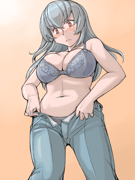 tsuda nanafushi, suigintou, rozen maiden, silver hair, 00s, 1girl, aged up, blush, bra, breasts, curvy, denim, dressing, female focus, jeans, lace, lace bra, lace panties, large breasts, lingerie, navel, open fly, panties, pants, red eyes, solo, underwear, unzipped, weight conscious