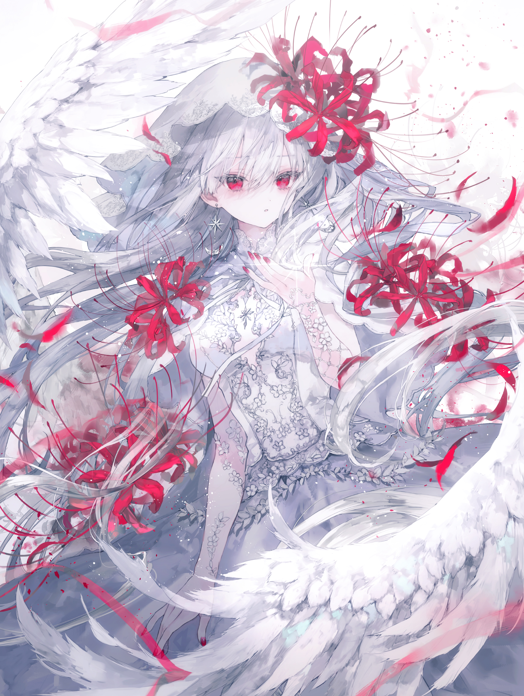 onineko, original, commentary request, highres, 1girl, breasts, dress, feathered wings, floating hair, flower, grey hair, hair between eyes, hand up, long hair, looking at viewer, medium breasts, nail polish, neck ribbon, parted lips, petals, red eyes, red flower, red nails, ribbon, solo, spider lily, very long hair, white background, white dress, white ribbon, white wings, wings