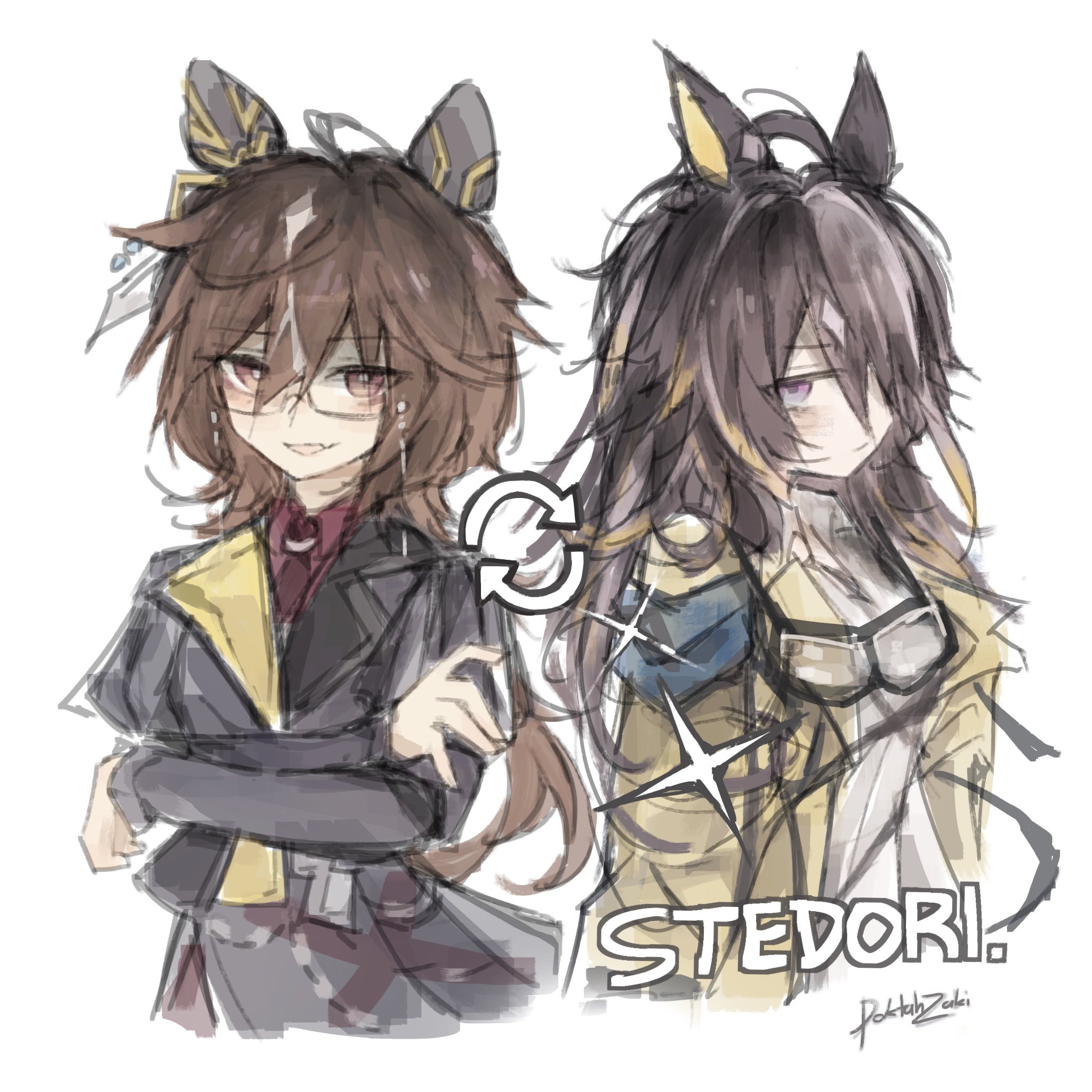 doktahzaki, dream journey (reminder of dreamland) (umamusume), dream journey (umamusume), stay gold (umamusume), umamusume, highres, 2girls, ahoge, animal ears, armband, arrow (symbol), black hair, black jacket, black skirt, blue armband, blue eyes, blush, brown eyes, brown hair, closed mouth, coat, collared shirt, cosplay, costume switch, cropped torso, crossed arms, dream journey (umamusume) (cosplay), ear covers, eyewear strap, fang, glasses, goggles, goggles around neck, hair between eyes, horse ears, horse girl, jacket, long hair, long sleeves, multicolored hair, multiple girls, necktie, puffy sleeves, red necktie, red shirt, shirt, simple background, skin fang, skirt, smile, sparkle, stay gold (sunlit outsider) (umamusume), stay gold (umamusume) (cosplay), white background, white hair, white shirt, yellow coat