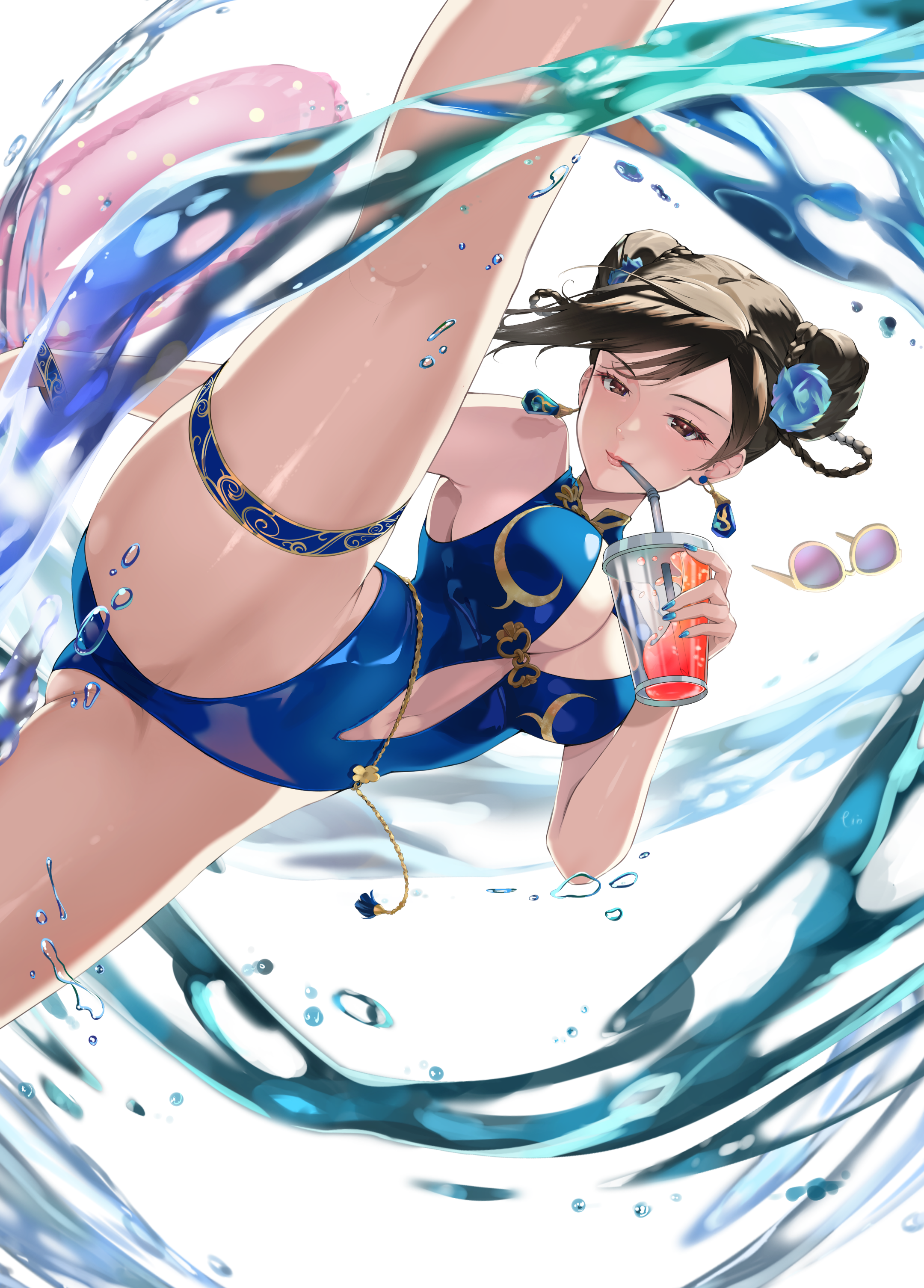 tinkst, chun-li, capcom, street fighter, street fighter 6, absurdres, commentary, english commentary, highres, 1girl, bare shoulders, belly chain, black hair, blue flower, blue one-piece swimsuit, braid, breasts, brown eyes, cleavage, cleavage cutout, closed mouth, clothing cutout, cup, double bun, drinking, drinking straw, earrings, flower, hair bun, hair flower, hair ornament, holding, holding cup, jewelry, kicking, large breasts, leg up, looking at viewer, official alternate costume, one-piece swimsuit, pink lips, sunglasses, swim ring, swimsuit, thigh strap, unworn eyewear, water