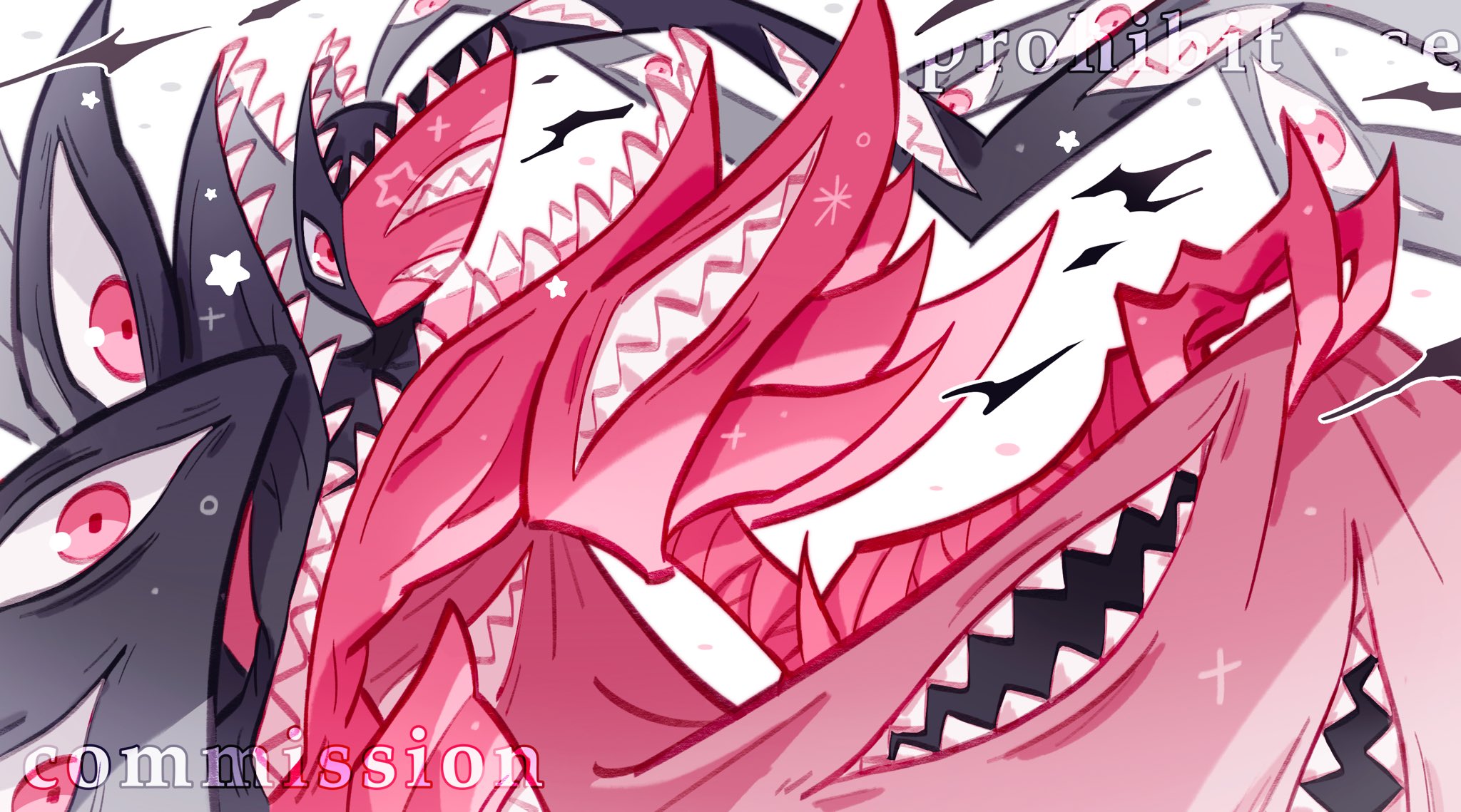 confeito000 333, abbadomon, abbadomon core, digimon, commission, highres, black skin, colored skin, digimon (creature), extra eyes, extra mouth, multicolored skin, red eyes, red skin, sharp teeth, simple background, solo, teeth, two-tone skin, upper body, watermark, white background