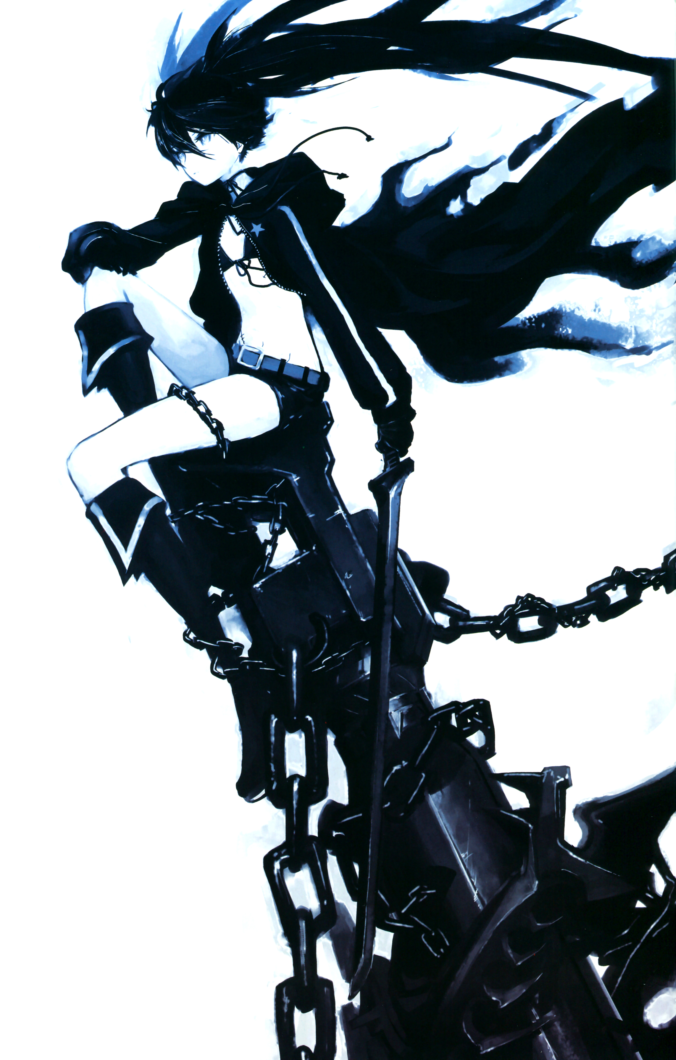 huke, black rock shooter (character), black rock shooter, picsix, absurdres, highres, 10s, 1girl, arm cannon, belt, bikini, bikini top only, black hair, blue eyes, boots, cannon, chain, coat, female focus, flat chest, full body, huge weapon, jacket, long hair, midriff, navel, pale skin, scar, shorts, simple background, solo, swimsuit, sword, twintails, weapon