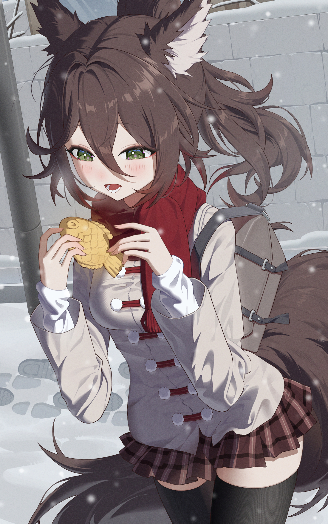 chyanu, tingyun (honkai: star rail), honkai: star rail, honkai (series), highres, alternate costume, animal ear fluff, animal ears, backpack, bag, black thighhighs, blush, breasts, brown hair, brown skirt, casual, coat, day, duffel coat, food, footprints, green eyes, grey coat, hair between eyes, holding, holding food, long hair, long sleeves, lower teeth only, medium breasts, miniskirt, open mouth, outdoors, plaid clothes, plaid skirt, pleated skirt, pom pom (clothes), ponytail, red scarf, scarf, skirt, snowing, tail, taiyaki, teeth, thighhighs, wagashi, window, zettai ryouiki