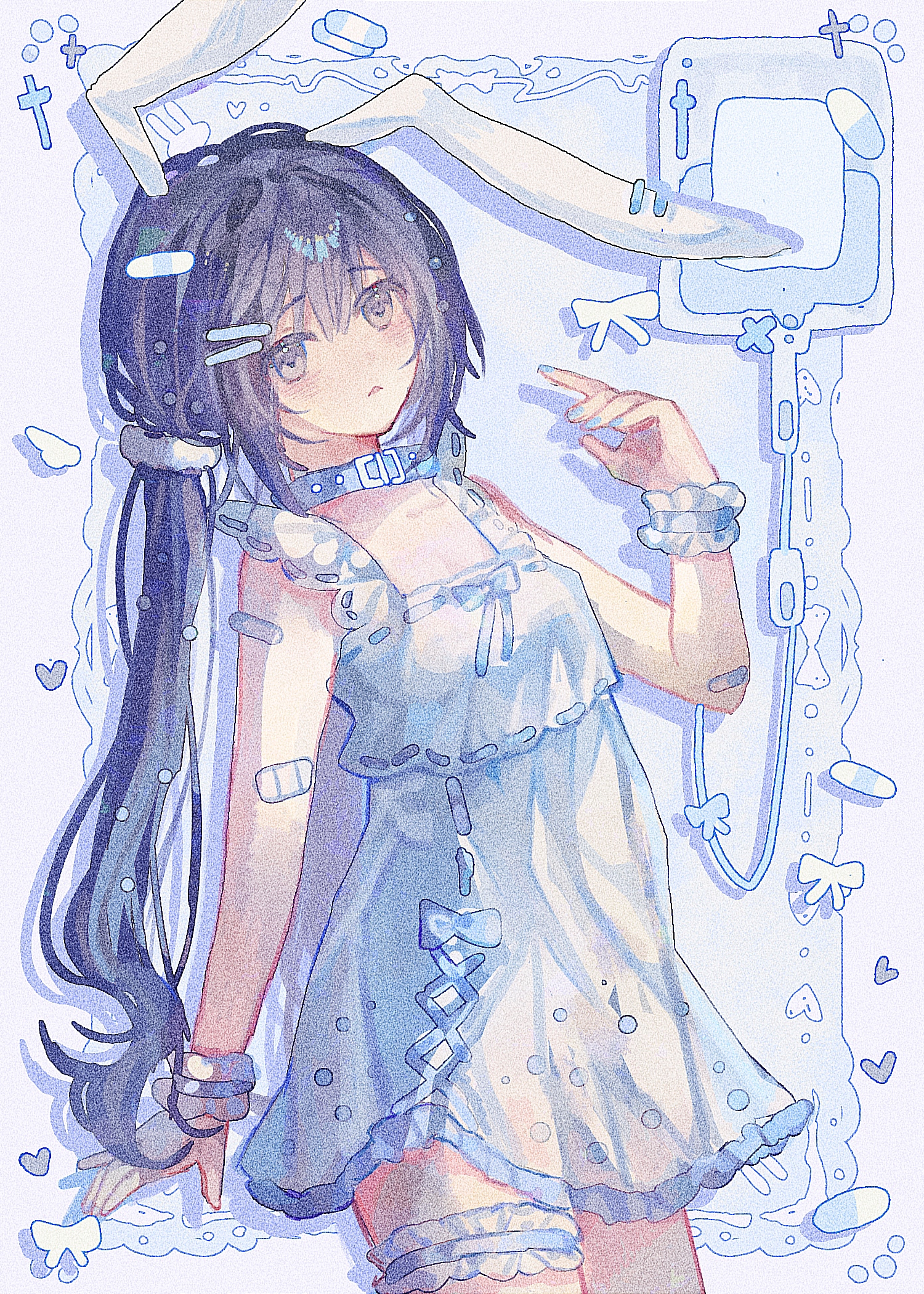 enderrabbit, original, highres, 1girl, animal ears, bandaid, bandaid on arm, black eyes, black hair, blue bow, blue collar, blue nails, blue theme, blue wrist cuffs, bow, collar, cowboy shot, dress, film grain, frilled thigh strap, frilled wrist cuffs, frills, hair ornament, hairclip, hand up, heart, intravenous drip, long hair, open mouth, rabbit ears, short dress, sleeveless, sleeveless dress, solo, thigh strap, triangle mouth, white dress, wrist cuffs