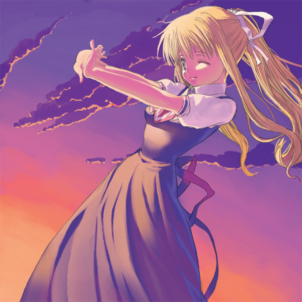 tam-u, kamio misuzu, air (visual novel), bad id, bad pixiv id, 00s, 1girl, blonde hair, blue eyes, cloud, dutch angle, female focus, long hair, one eye closed, ponytail, school uniform, solo, stretching, sunset, wink