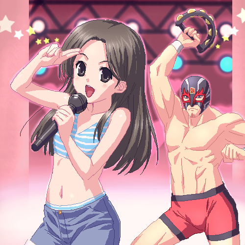 zen, kiryu kazuma, sawamura haruka, ryuu ga gotoku (series), lowres, 1boy, 1girl, :d, bikini, bikini under clothes, black eyes, black hair, flat chest, karaoke, long hair, mask, microphone, music, navel, oekaki, open mouth, salute, shorts, singing, smile, star (symbol), striped bikini, striped clothes, swimsuit