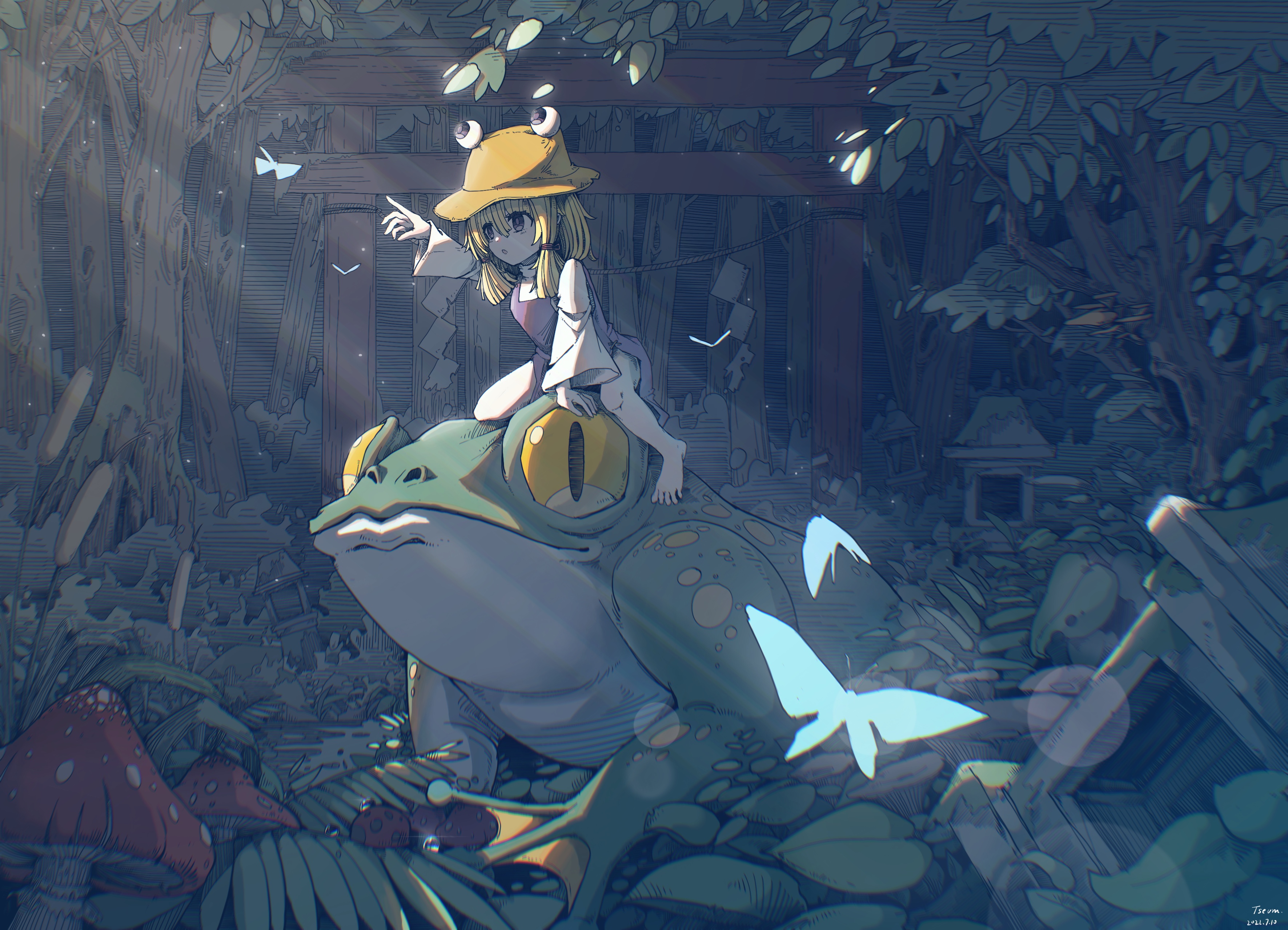 tseum, moriya suwako, touhou, absurdres, chinese commentary, commentary, highres, :o, animal, barefoot, blonde hair, brown hat, frog, grass, hair ribbon, hat, long sleeves, medium hair, mushroom, open mouth, overgrown, oversized animal, purple skirt, purple vest, red ribbon, ribbon, riding, riding animal, scenery, shirt, skirt, torii, tree, turtleneck, turtleneck shirt, vest, white shirt