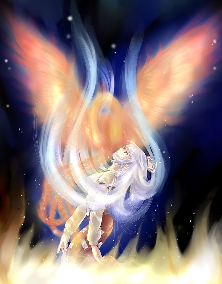 kyuu umi, fujiwara no mokou, touhou, silver hair, artist request, 1girl, bird, bow, dark, female focus, fiery wings, fire, hair bow, hair ribbon, kneeling, long hair, long sleeves, looking up, night, pants, phoenix, profile, red eyes, ribbon, shirt, sky, solo, suspenders, white shirt, wings