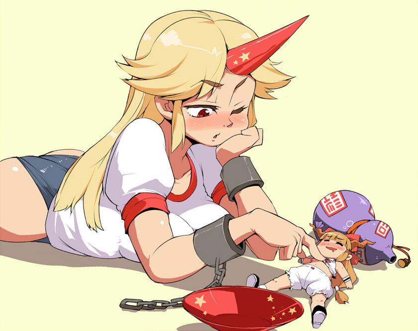 ario, hoshiguma yuugi, ibuki suika, touhou, 2girls, blonde hair, bloomers, chain, clothes lift, cuffs, drunk, female focus, gourd, horns, long hair, lying, midriff, mini person, minigirl, multiple girls, red eyes, shirt lift, single horn, underwear