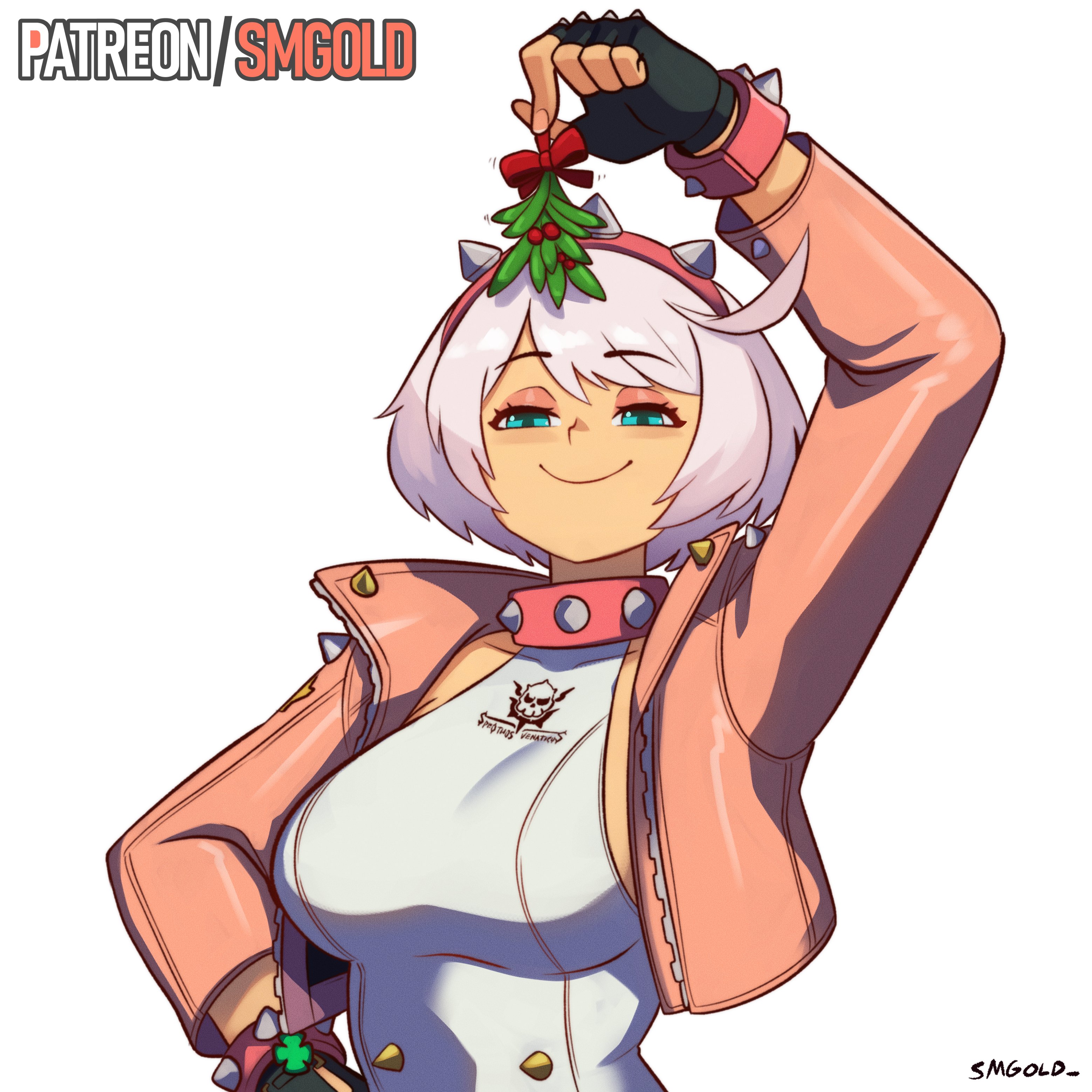 smgold, elphelt valentine, guilty gear, guilty gear strive, absurdres, highres, 1girl, ahoge, arm up, artist name, black gloves, blue eyes, bob cut, bracelet, breasts, clover, collar, cropped jacket, dress, fingerless gloves, four-leaf clover, gloves, hairband, half-closed eyes, hand on own hip, holding, holding mistletoe, huge ahoge, jacket, jewelry, large breasts, mistletoe, open clothes, open jacket, patreon username, pink collar, pink hairband, pink jacket, shirt, short hair, sleeveless, sleeveless dress, smile, solo, spiked bracelet, spiked collar, spiked hairband, spiked jacket, spikes, upper body, watermark, web address, white hair, white shirt