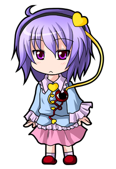 f15eagle (artist), komeiji satori, touhou, lowres, 1girl, blush, chibi, female focus, full body, hairband, heart, purple eyes, purple hair, short hair, simple background, solo, white background