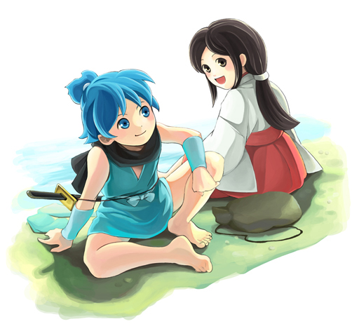 tokinatsu, barefoot, blue eyes, blue hair, brown hair, child, feet, sitting