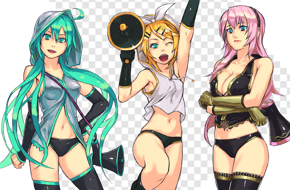 yuuji (and), hatsune miku, kagamine rin, megurine luka, vocaloid, 3girls, aqua eyes, bow, hood, long hair, megaphone, multiple girls, navel, no pants, one eye closed, open mouth, panties, pink hair, thighhighs, underwear, wink