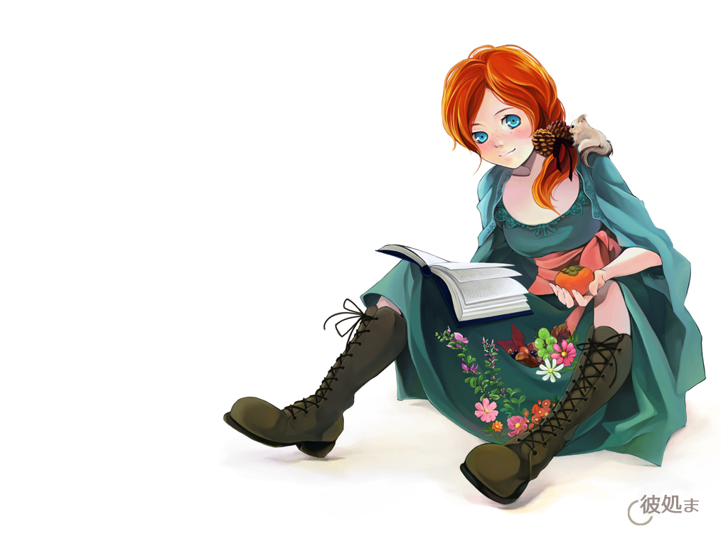 tokinatsu, original, blue eyes, blush, book, boots, flower, food, freckles, fruit, orange hair, red hair, sitting, solo, squirrel