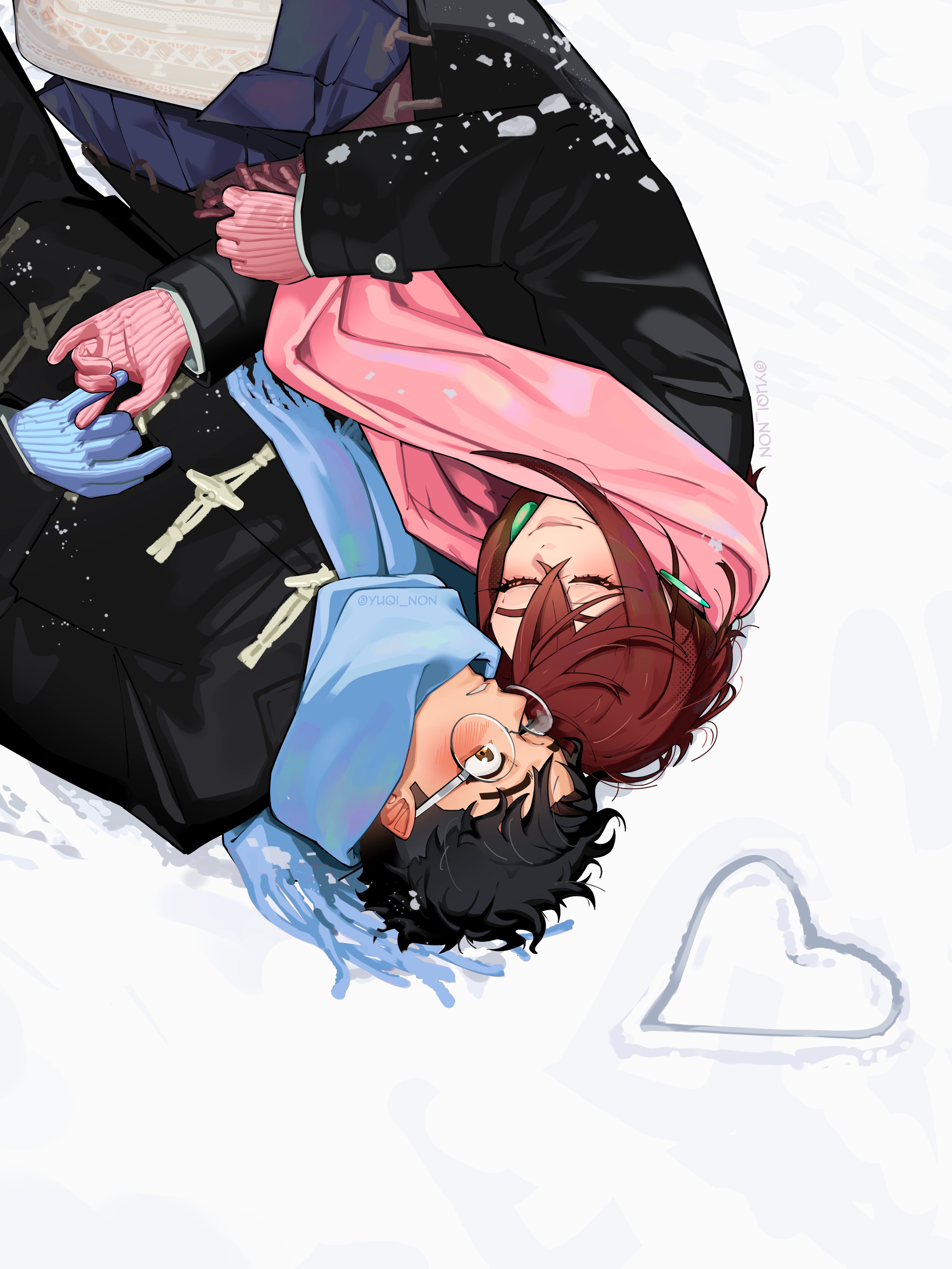 yuqi non, ayase momo, takakura ken (dandadan), dandadan, absurdres, commentary request, highres, 1boy, 1girl, black coat, black hair, blue gloves, blue scarf, blue skirt, blush, brown eyes, brown hair, closed eyes, closed mouth, coat, couple, crossed bangs, ear blush, earrings, facing another, glasses, gloves, hair between eyes, heart, hetero, jewelry, looking at another, lying, on back, on side, outdoors, parted lips, pink gloves, pink scarf, pleated skirt, ribbed gloves, round eyewear, scarf, skirt, snow, upper body, upside-down, winter clothes, winter coat