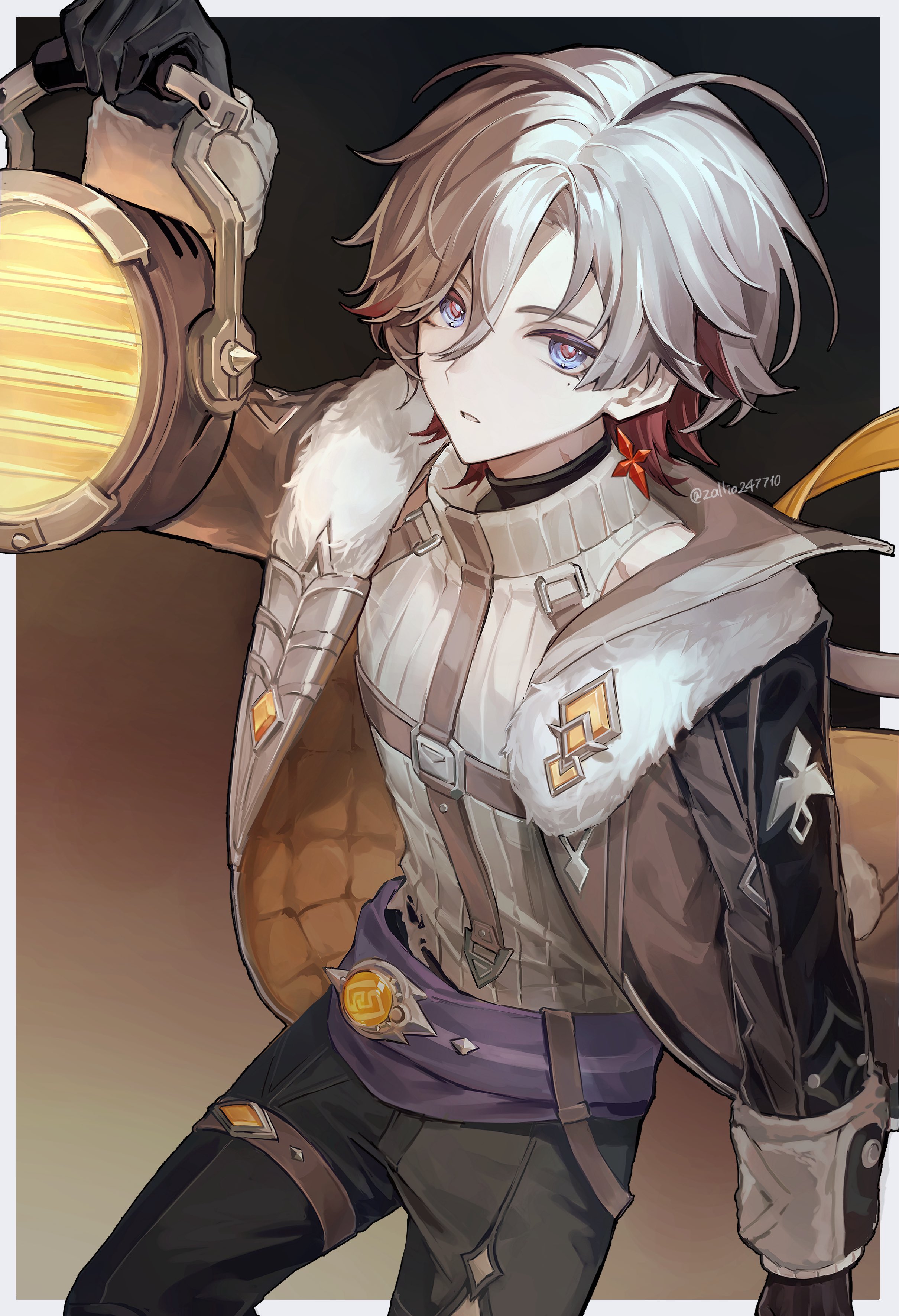 illuga (genshin impact), genshin impact, absurdres, highres, 1boy, ahoge, black background, black gloves, black pants, blue eyes, border, earrings, fur trim, gloves, grey hair, holding, holding lantern, jewelry, lantern, looking at viewer, male focus, mole, mole under eye, multicolored hair, pants, red hair, red pupils, scar, scar on neck, single earring, sleeveless, sleeveless turtleneck, sweater, thigh strap, turtleneck, turtleneck sweater, vision (genshin impact), watermark, white border, zallio247710