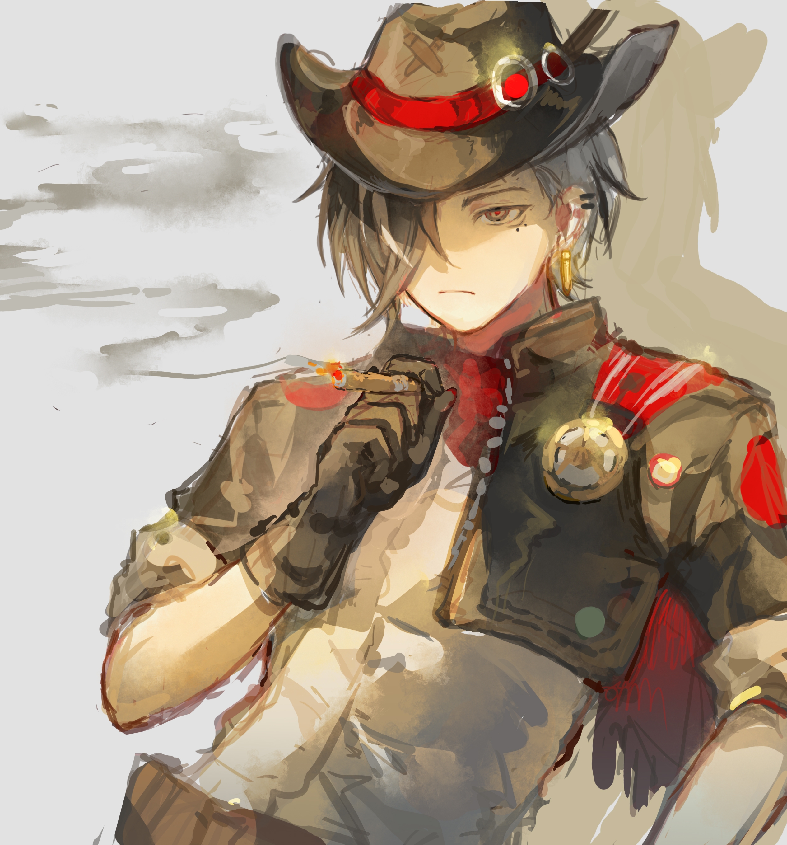 enderrabbit, boothill (honkai: star rail), honkai: star rail, honkai (series), absurdres, chinese commentary, commentary request, highres, 1boy, belt, black gloves, black hair, black hat, black jacket, brown belt, cigarette, closed mouth, cropped jacket, earclip, earrings, frown, gloves, grey background, grey hair, hair over one eye, hat, holding, holding cigarette, jacket, jewelry, mole, mole under eye, multicolored hair, multiple moles, red pupils, sanpaku, shirt, sleeves rolled up, smoke, solo, tsurime, two-tone hair, upper body, white hair, white shirt