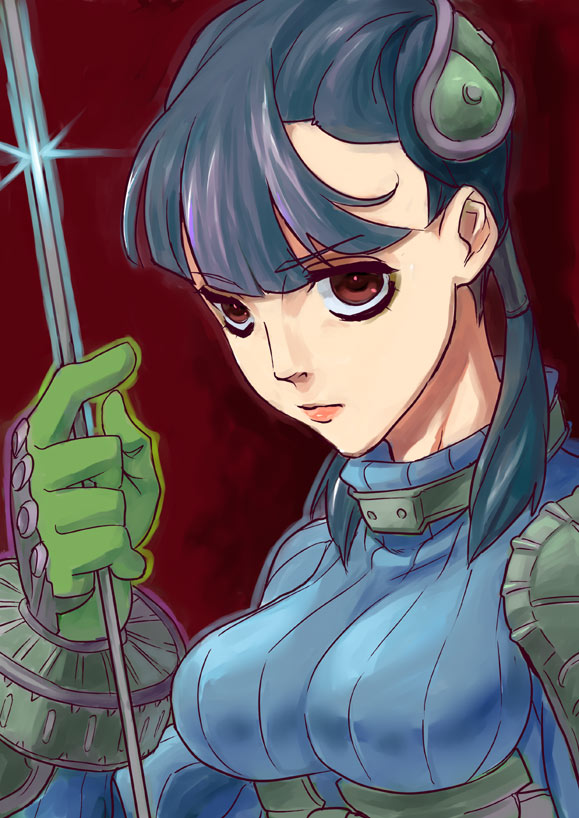 meso3, ashei, nintendo, the legend of zelda, the legend of zelda: twilight princess, 1girl, armor, black hair, blunt bangs, breasts, female focus, gauntlets, gloves, hair ornament, hair tubes, large breasts, long hair, looking at viewer, pauldrons, red background, red eyes, ribbed sweater, shoulder armor, solo, sweater, turtleneck, twintails