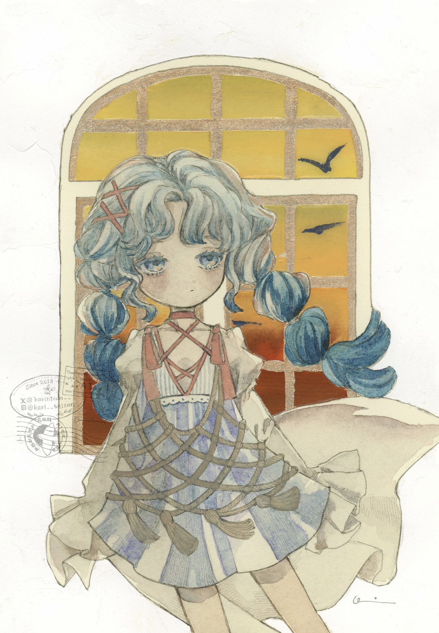 karintoun, original, acrylic paint (medium), commentary, highres, painting (medium), traditional media, watercolor (medium), 1girl, arched window, bare legs, blue dress, blue eyes, blue hair, bow, braid, choker, dress, full body, hair ornament, hairclip, instagram logo, instagram username, medium hair, orange sky, pale skin, parted bangs, postmark, shawl, signature, sky, solo, standing, striped clothes, striped dress, sunset, tassel, twin braids, twintails, twitter username, twitter x logo, watermark, wavy hair, window
