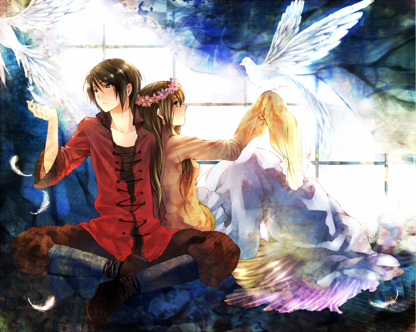 hana (yui), hong kong (hetalia), taiwan (hetalia), axis powers hetalia, bad id, bad pixiv id, 00s, 1boy, 1girl, bird, bird on hand, brown eyes, brown hair, chinese clothes, couple, flower, head wreath, hetero, long hair, long sleeves, sitting