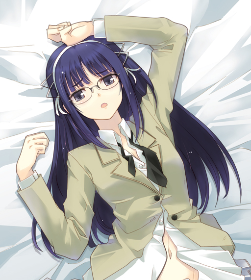 dasoku sentarou, blazer, blue eyes, blue hair, glasses, hairband, jacket, long hair, lying, school uniform, solo