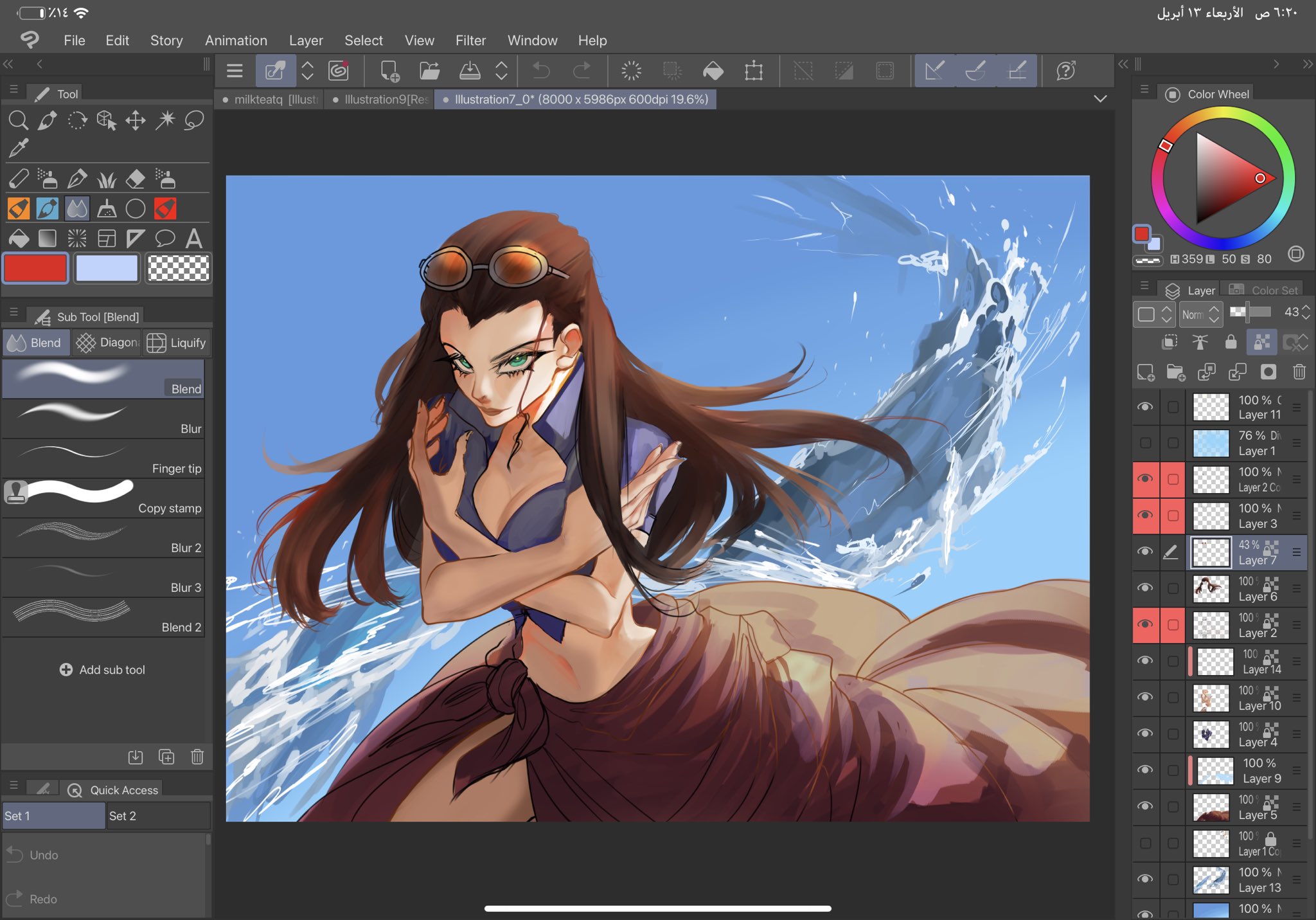 milktea tq, nico robin, one piece, arabic commentary, commentary request, highres, 1girl, art program in frame, black hair, blue eyes, blue jacket, brown hair, crossed arms, eyewear on head, hair slicked back, high collar, jacket, long hair, looking at viewer, midriff, navel, orange-tinted eyewear, pink sarong, sarong, solo, tinted eyewear, water