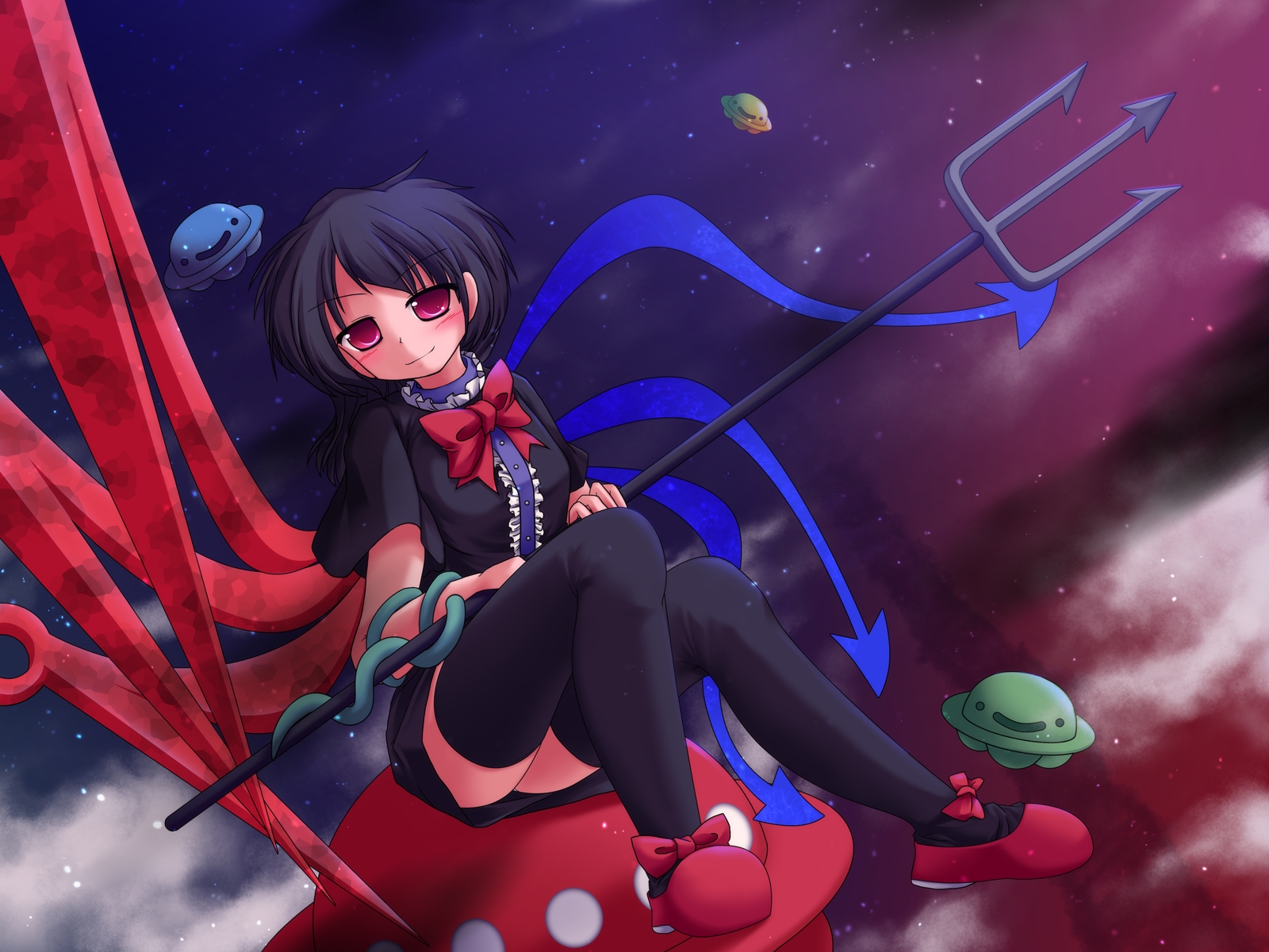 lzh, houjuu nue, touhou, highres, 1girl, black hair, black thighhighs, dress, female focus, outdoors, polearm, red eyes, short hair, sky, snake, solo, spear, thighhighs, trident, ufo, weapon, wings, zettai ryouiki