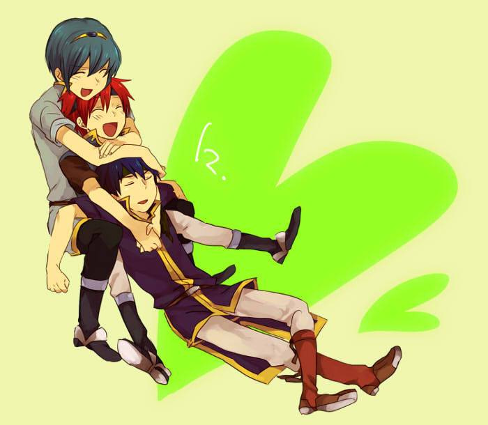 ike (fire emblem), marth (fire emblem), roy (fire emblem), fire emblem, fire emblem: mystery of the emblem, fire emblem: path of radiance, fire emblem: the binding blade, nintendo, super smash bros., 3boys, blue hair, headband, hug, male focus, multiple boys, red hair, smile, tiara