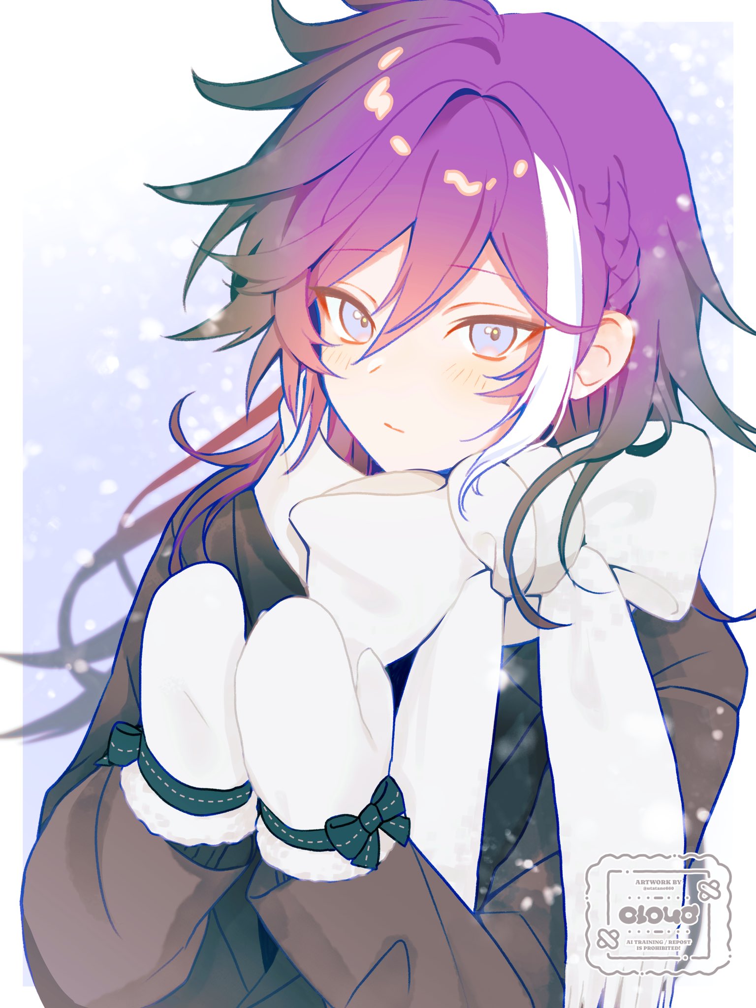 utatane660, banzoin hakka, holostars, highres, 1boy, blue eyes, braid, brown coat, closed mouth, coat, gloves, light smile, looking at viewer, ribbon, scarf, snow, snowing, solo, white gloves, white scarf, winter clothes