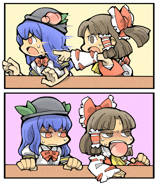 hounori, hakurei reimu, hinanawi tenshi, touhou, bad id, bad pixiv id, 2girls, bow, chibi, comic, eating, female focus, food, fruit, hair bow, hat, multiple girls, peach, pointing, ponytail, silent comic, sweat