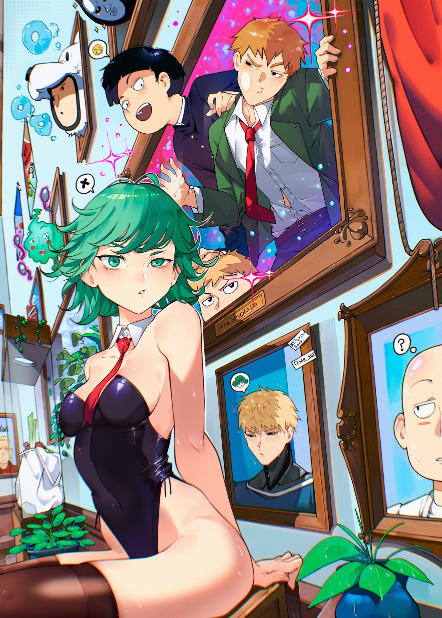 cesar art456, ekubo (mob psycho 100), genos, kageyama shigeo, reigen arataka, saitama (one-punch man), tatsumaki, mob psycho 100, one-punch man, highres, 1girl, 6+boys, bald, bare shoulders, black hair, black leotard, black thighhighs, blazer, blonde hair, breasts, covered navel, detached collar, green eyes, green hair, indoors, jacket, leotard, looking at another, looking at viewer, medium hair, multiple boys, necktie, open mouth, orange hair, picture frame, red necktie, school uniform, shorts, sitting, skindentation, small breasts, teeth, thighhighs