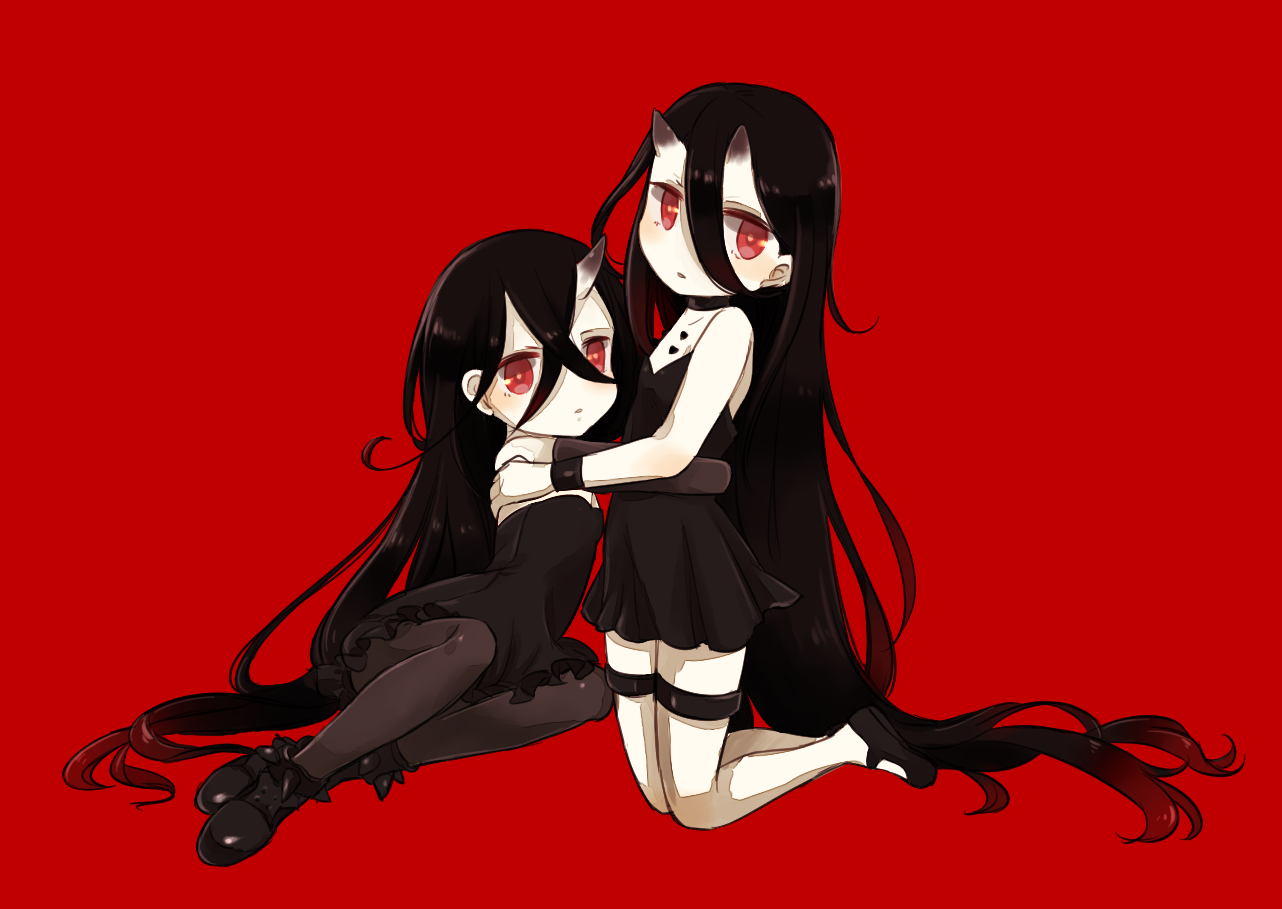 motohara moka, battleship princess, battleship water oni, kantai collection, commentary request, 2girls, absurdly long hair, aged down, black dress, black hair, black pantyhose, black shoes, bracelet, crossed arms, double-parted bangs, dress, elbow gloves, from side, full body, gloves, hair between eyes, horns, hug, jewelry, kneeling, long hair, multiple girls, open mouth, pantyhose, red background, red eyes, shoes, short dress, simple background, single horn, skin-covered horns, thigh strap, very long hair
