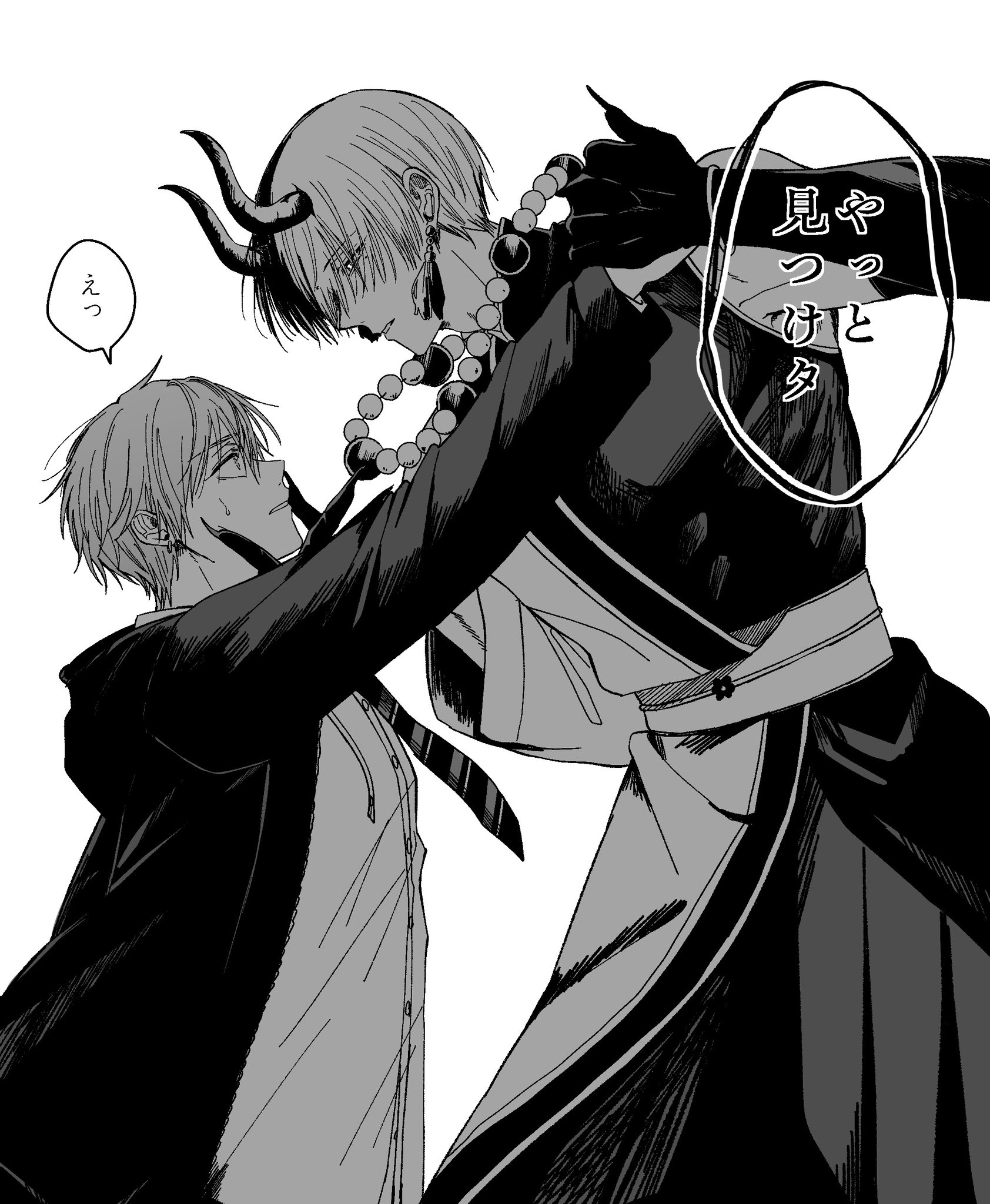 milk043, aoyagi touya, shinonome akito, project sekai, highres, 2boys, claws, greyscale, hand grab, horns, jacket, looking at another, monochrome, multiple boys, necktie, open mouth, scared, teeth, white background