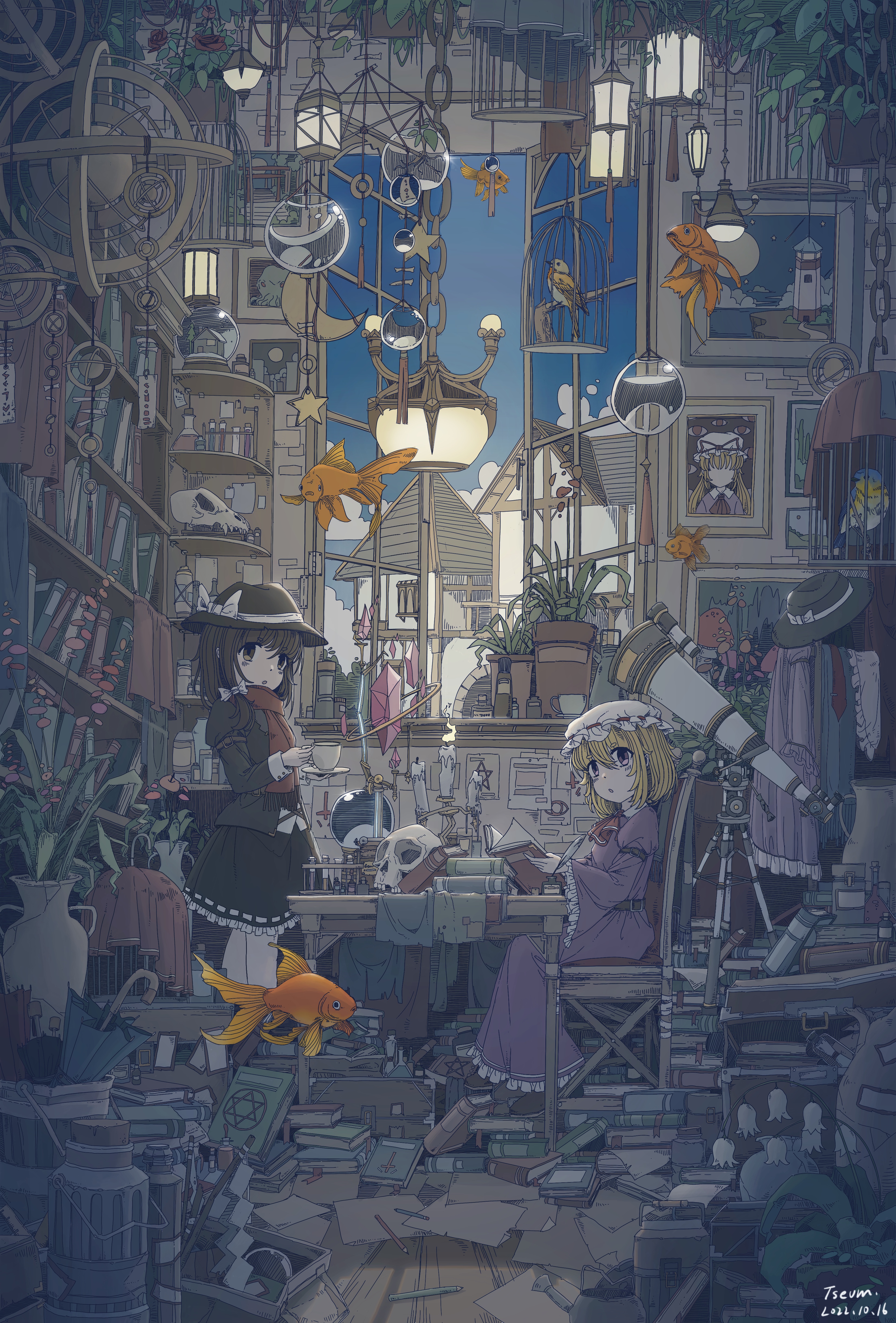 tseum, maribel hearn, usami renko, yakumo yukari, touhou, alternate uniform, absurdres, bird request, chinese commentary, flower request, highres, 2girls, :o, absurdly detailed composition, artist name, ascot, bird, black hat, black skirt, black umbrella, blonde hair, blue umbrella, blush, book, bookshelf, bow, box, brown coat, brown eyes, brown hair, cage, candle, candlestand, chain, chair, clothes hanger, cloud, coat, collared dress, crescent, cross, cup, dated, dress, fedora, fish, flask, floating animal, flower, frilled dress, frilled skirt, frills, gap (touhou), gohei, goldfish, grass, hair between eyes, hair bow, hair ribbon, hat, hat bow, hexagram, holding, holding book, holding cup, holding plate, house, lantern, lighthouse, loaded interior, long dress, long hair, long sleeves, looking at viewer, messy room, mob cap, moon, multiple girls, mushroom, necktie, open mouth, open window, painting (object), paper, pen, pentagram, picture frame, plant, plate, potion, potted plant, purple dress, purple eyes, red ascot, red ribbon, red scarf, red umbrella, ribbon, ribbon-trimmed headwear, ribbon trim, scarf, scenery, short hair, sitting, skirt, skull, sleeve cuffs, sleeve garter, standing, star (symbol), teapot, telescope, umbrella, unworn clothes, unworn hat, unworn headwear, unworn necktie, vase, white bow, white hat, wide sleeves, window