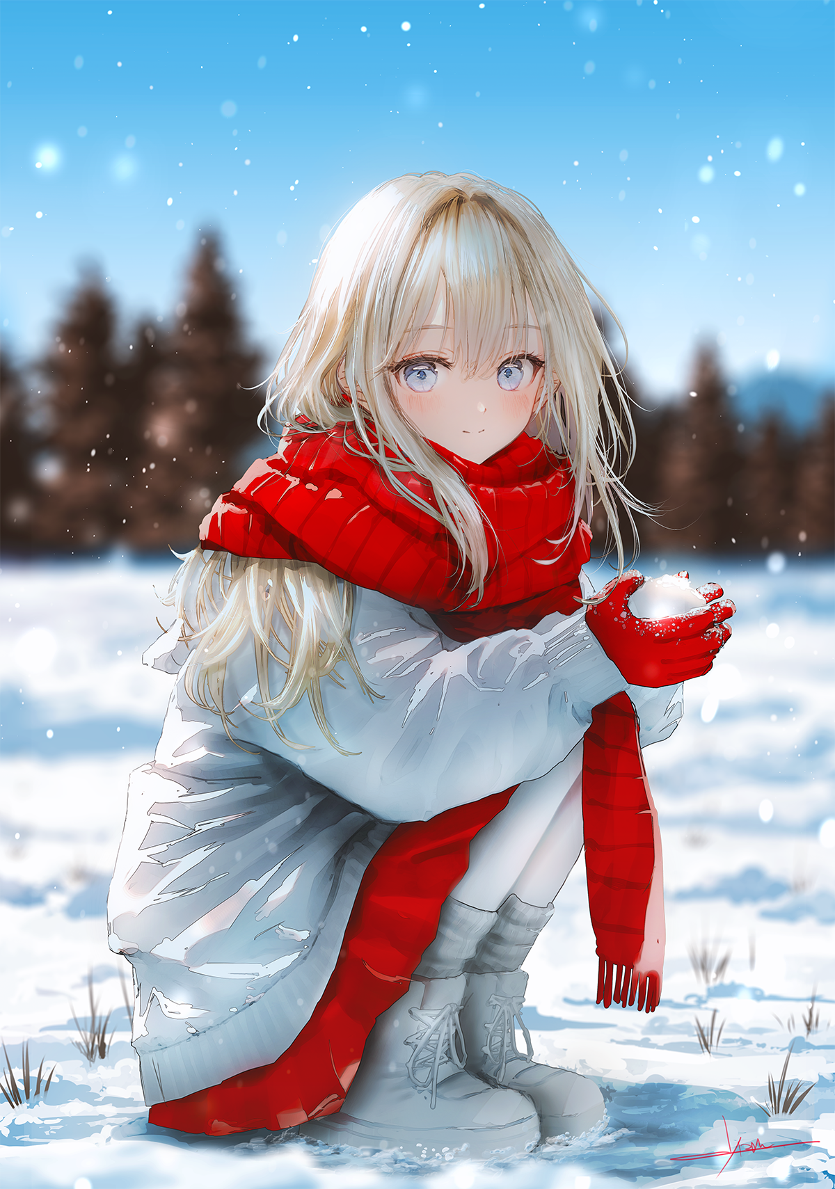 jizell, original, commentary, highres, symbol-only commentary, 1girl, blonde hair, blue eyes, blue sky, blurry, blurry background, closed mouth, coat, day, depth of field, from side, full body, gloves, grey coat, grey shirt, grey shoes, holding, holding snowball, light smile, long hair, looking at viewer, looking to the side, outdoors, pantyhose, red gloves, red scarf, red skirt, scarf, shirt, shoes, skirt, sky, snow, snowball, snowing, solo, split mouth, squatting, turning head, white pantyhose, winter, winter clothes, winter coat